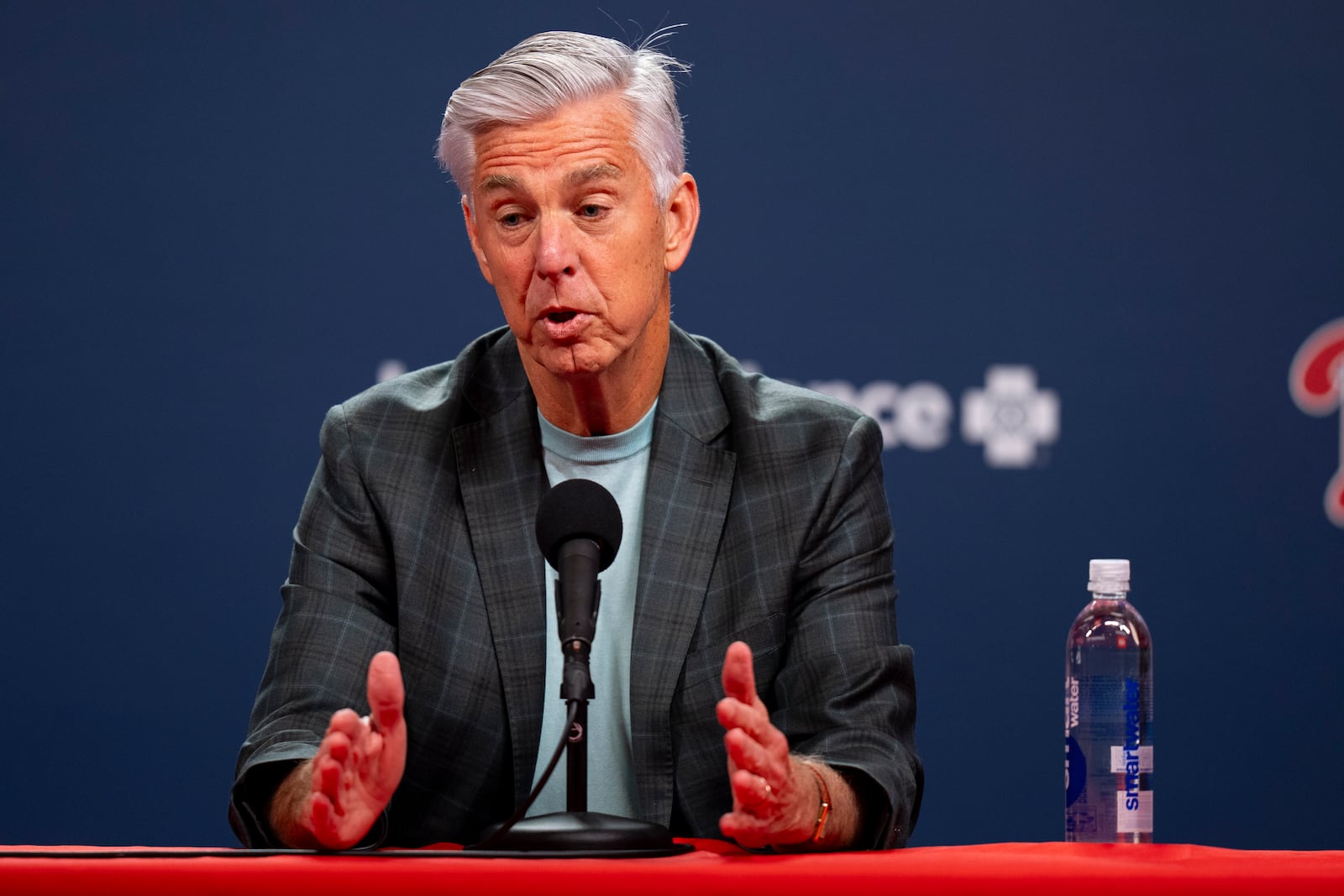 Philadelphia Phillies president of baseball operations Dave Dombrowski speaks to the media during end of the season news conference, Tuesday, Oct. 15, 2024, in Philadelphia. (AP Photo/Chris Szagola)