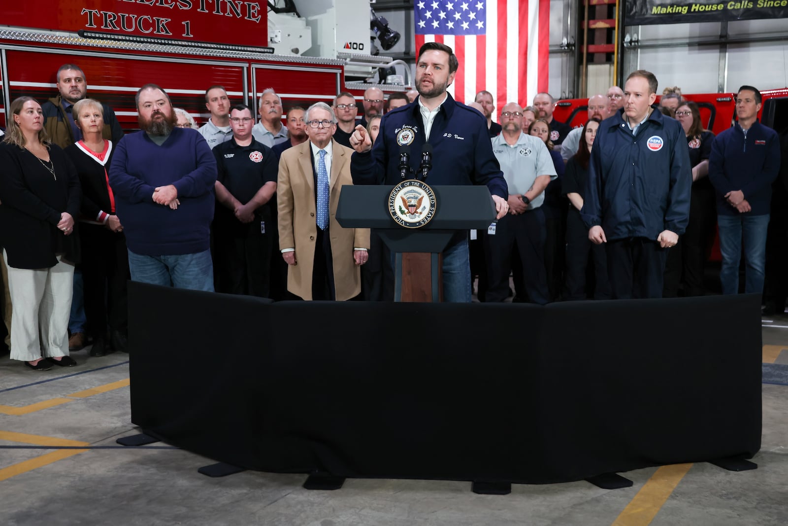 Vice President JD Vance speaks at the East Palestine Fire Department as he visits East Palestine, Ohio, Monday, Feb. 3, 2025. (Rebecca Droke/Pool Photo via AP)