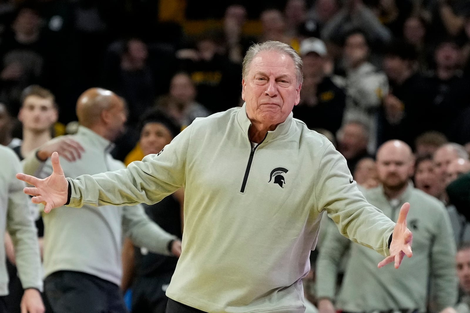 Michigan State head coach Tom Izzo reacts after a call during the second half of an NCAA college basketball game against Iowa, Thursday, March 6, 2025, in Iowa City, Iowa. (AP Photo/Charlie Neibergall)