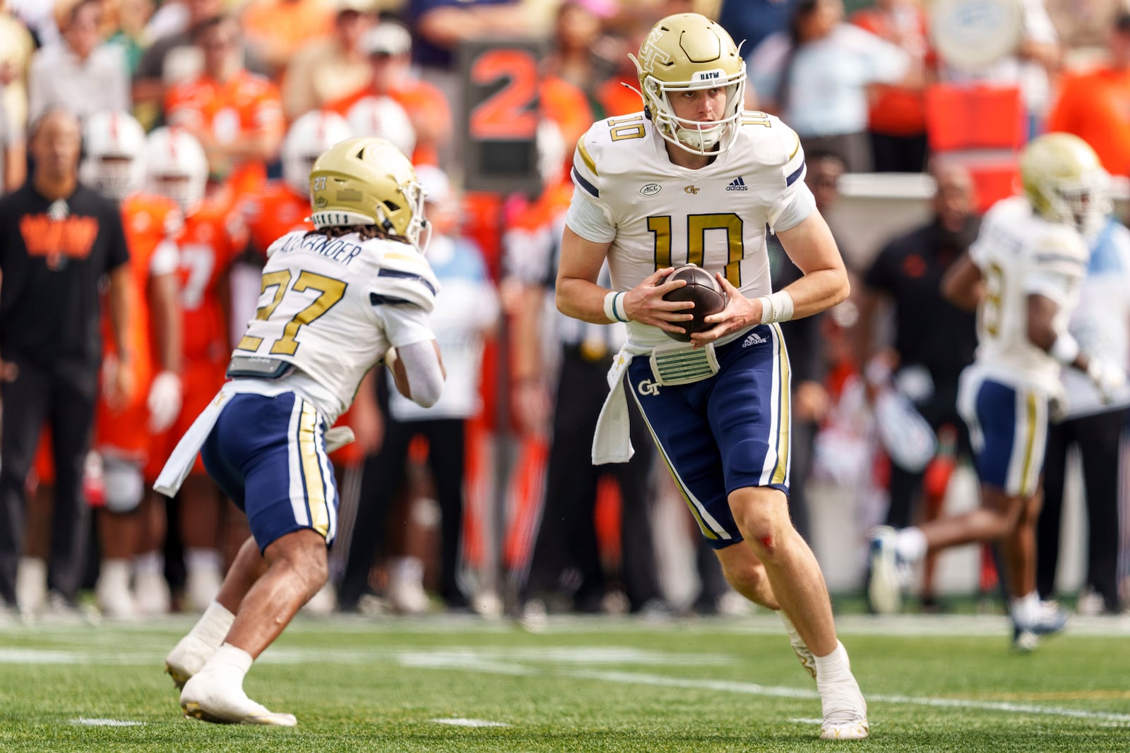 Georgia Tech quarterback Haynes King (10) drops back during the first half of an NCAA college football game against Miami, Saturday, Nov. 9, 2024, in Atlanta. (AP Photo/Jason Allen)