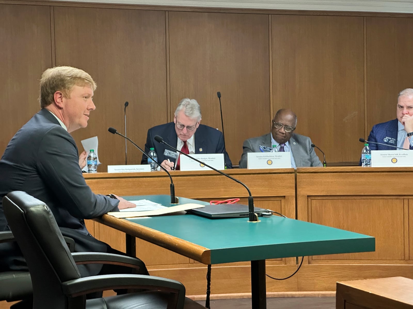 Georgia state Sen. Blake Tillery (R-Vidalia) speaks in favor of a bill that would cut off public funding of transgender care by Georgia state government on Tuesday, Feb. 4, 2025 at the Georgia Capitol in Atlanta. (AP Photo/Jeff Amy)