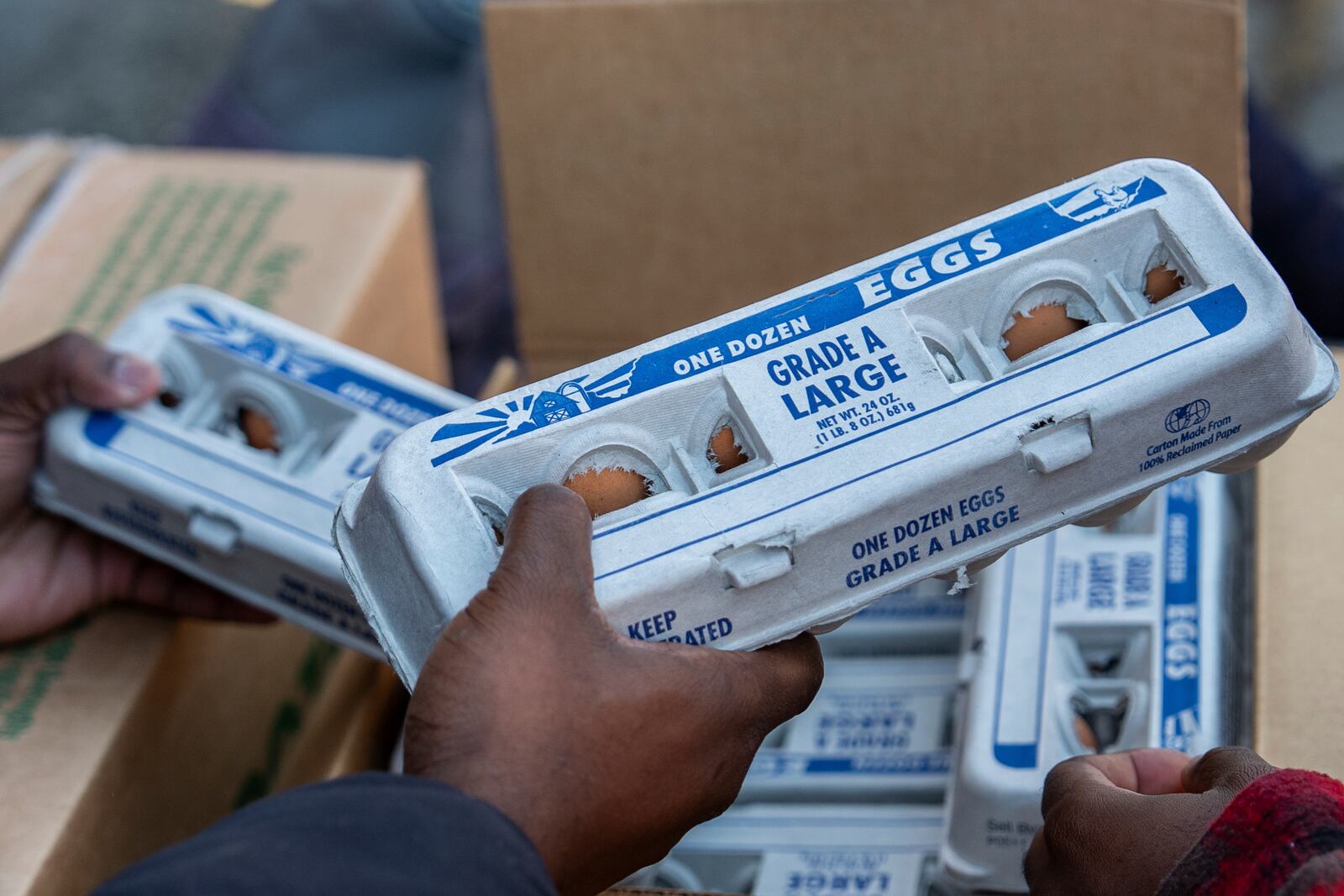 Abou Sow hands out cartons of eggs to people waiting in line to receive free eggs from FarmerJawn Agriculture, Friday, March 21, 2025, in the Harlem neighborhood of New York. (AP Photo/Julia Demaree Nikhinson)