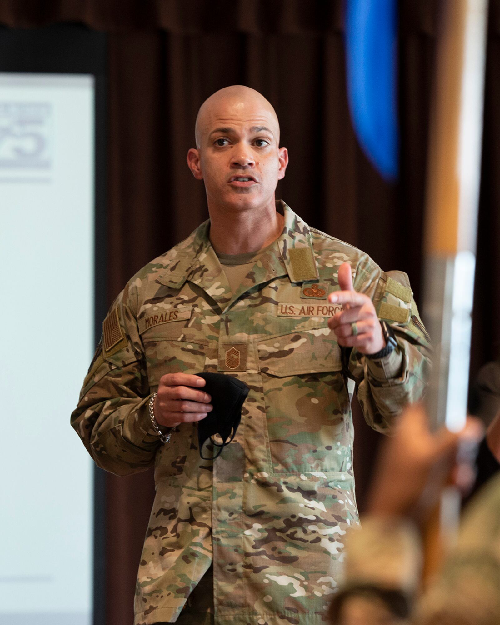 Chief Master Sgt. Lloyd Morales, 88th Air Base Wing command chief, introduces himself during the commander’s call Aug. 5 at Wright-Patterson Air Force Base. U.S. AIR FORCE PHOTO/JAIMA FOGG