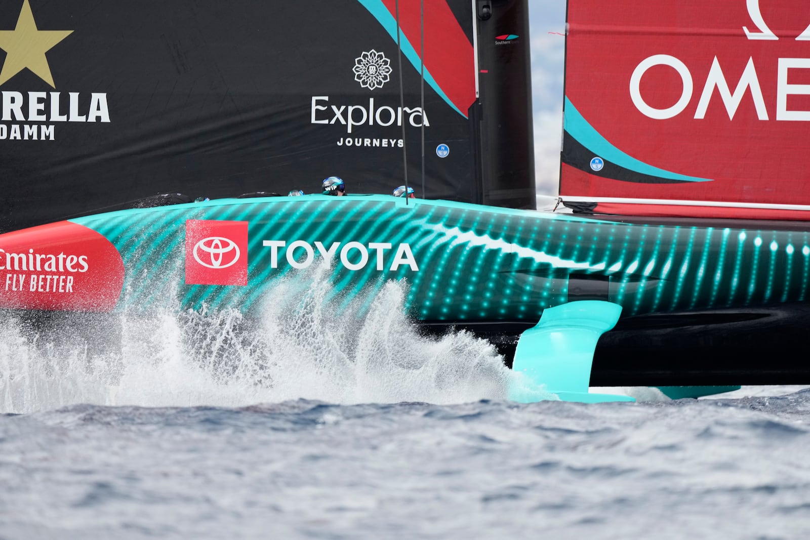 Emirates Team New Zealand races during Louis Vuitton 37th America's Cup Day 5 race 8 in Barcelona, Spain, Friday, Oct. 18, 2024. (AP Photo/Bernat Armangue)