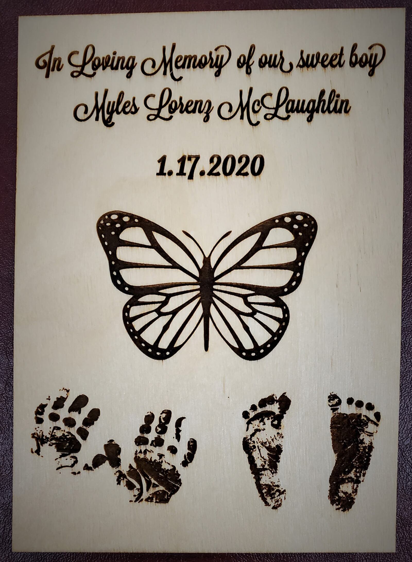 A plaque commemorates Myles Lorenz McLaughlin, who inspired the family’s CuddleCot donation to Wright-Patterson Medical Center. Myles was delivered Jan. 17, 2020, but was lost due to stillbirth. U.S. AIR FORCE PHOTO/KRISTEN VAN WERT