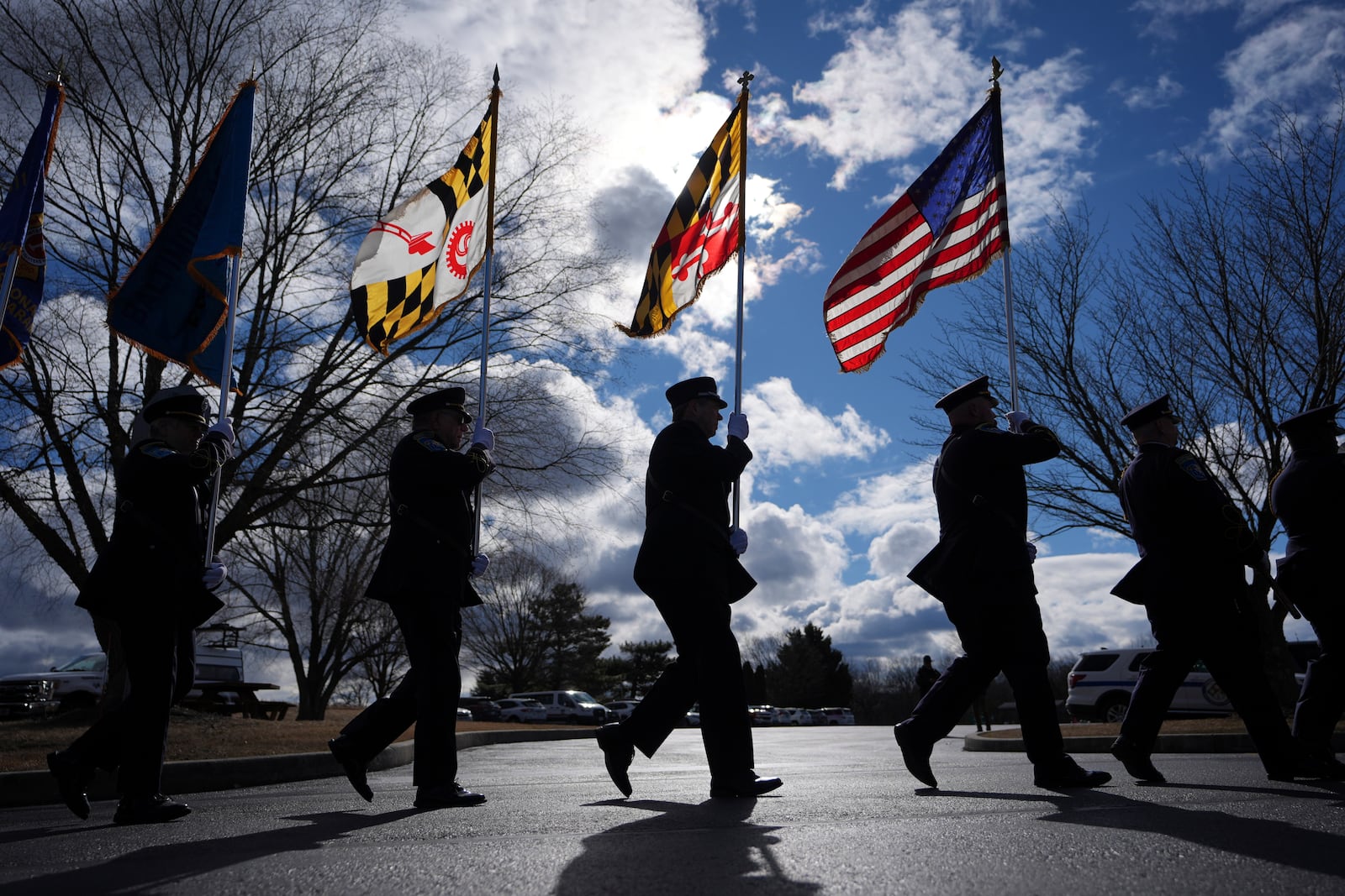 Members of the Baltimore County Fire Dept. arrives ahead of West York Borough Police Officer Andrew Duarte's funeral at Living Word Community Church, in Red Lion, Pa., Friday, Feb. 28, 2025. (AP Photo/Matt Rourke)