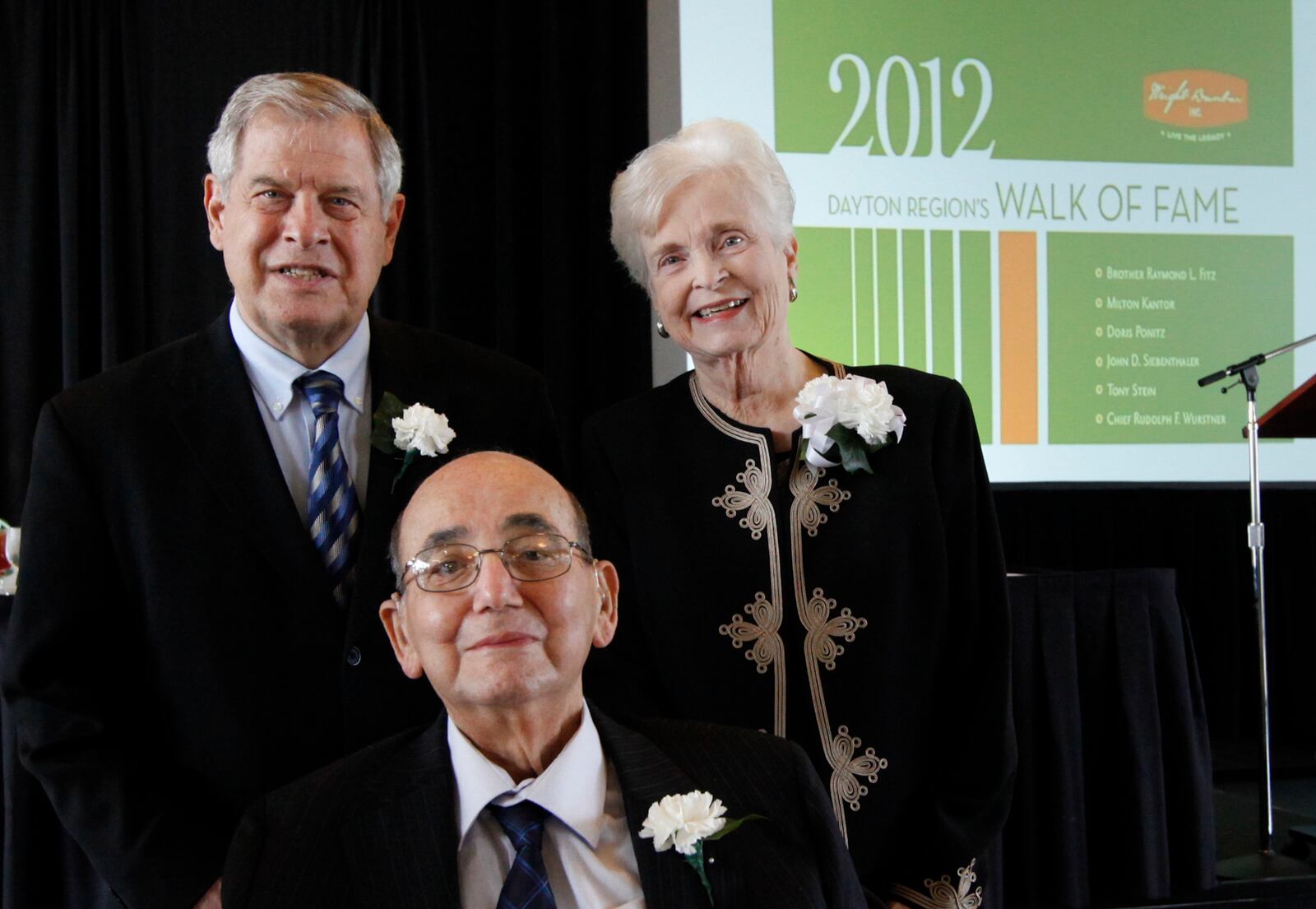 Milton Kantor, front, and Brother Raymond L. Fitz and Doris Ponitz were inducted into the Dayton Region's Walk of Fame on Thursday, September 20. Other posthumous inductees included John D. Siebenthaler, Tony Stein and Rudolph F. Wurstner. STAFF PHOTO BY CHRIS STEWART