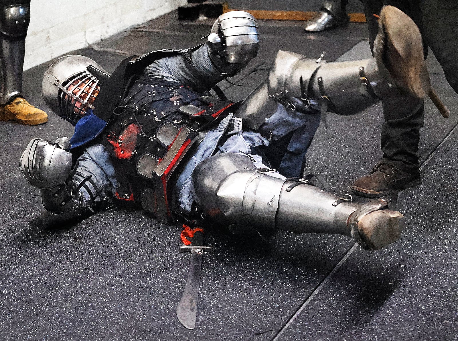 Gabriel Hutchings takes a tumble during Cincinnati Barbarians practice Thursday, Feb. 13, 2025 ahead of their upcoming season. MARSHALL GORBY\STAFF