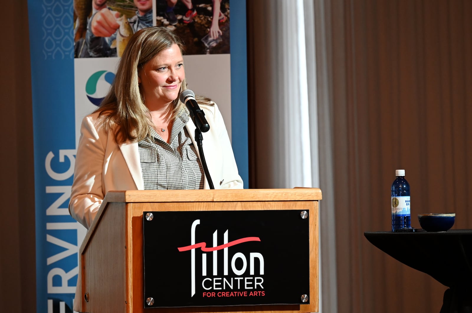 Mary Lynn Lodor, the general manager of the Miami Conservancy District, talks to a crowd about the past, present and future of the Great Miami River and the Miami Conservancy District on March 5, 2025, at the Celebrating Self event at the Fitton Center in Hamilton. MICHAEL D. PITMAN/STAFF