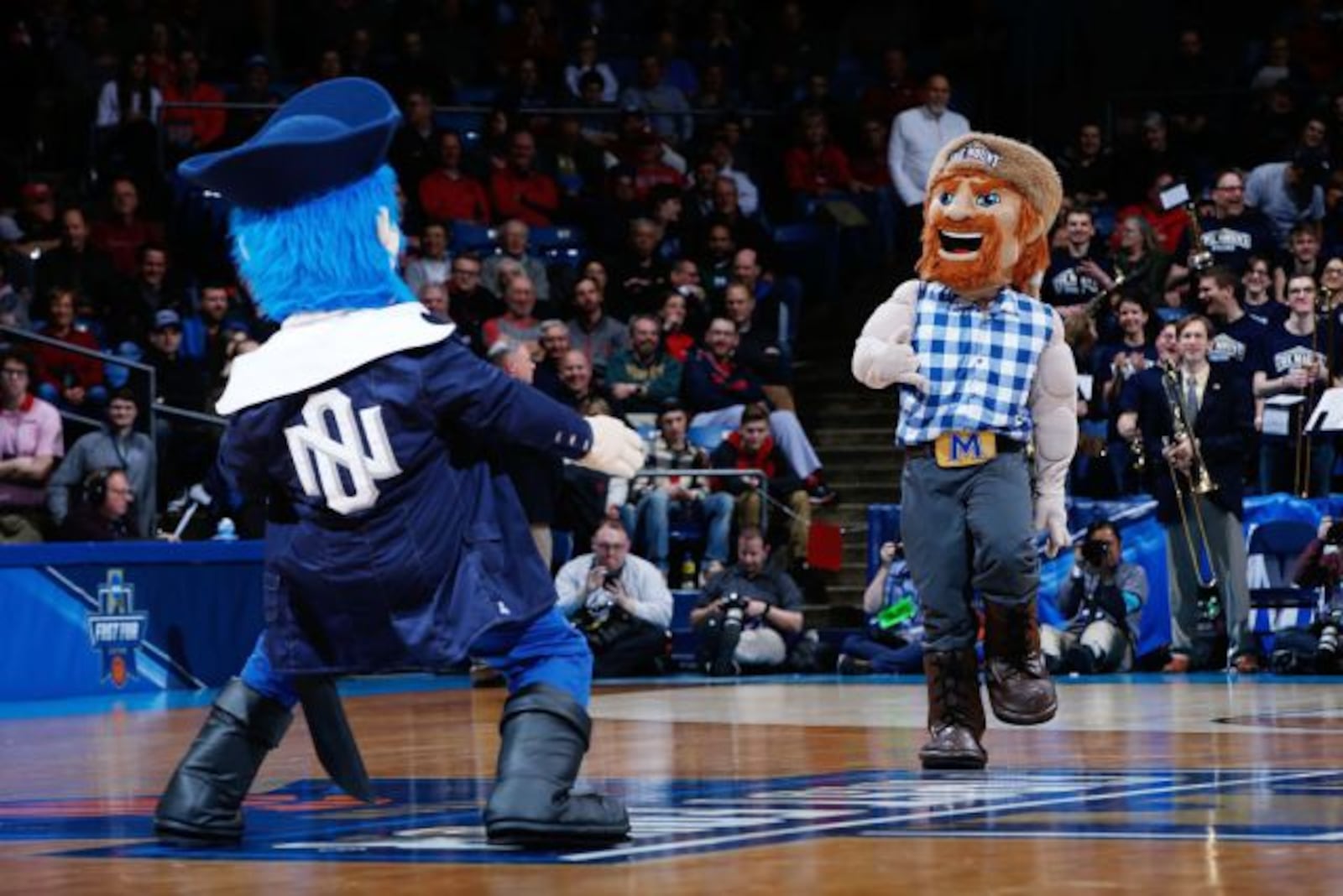 DAYTON, OH - MARCH 14:  The Mount St. Mary's Mountaineers mascot and the New Orleans Privateers mascot perform during the First Four game in the 2017 NCAA Men's Basketball Tournament at UD Arena on March 14, 2017 in Dayton, Ohio.  (Photo by Joe Robbins/Getty Images)