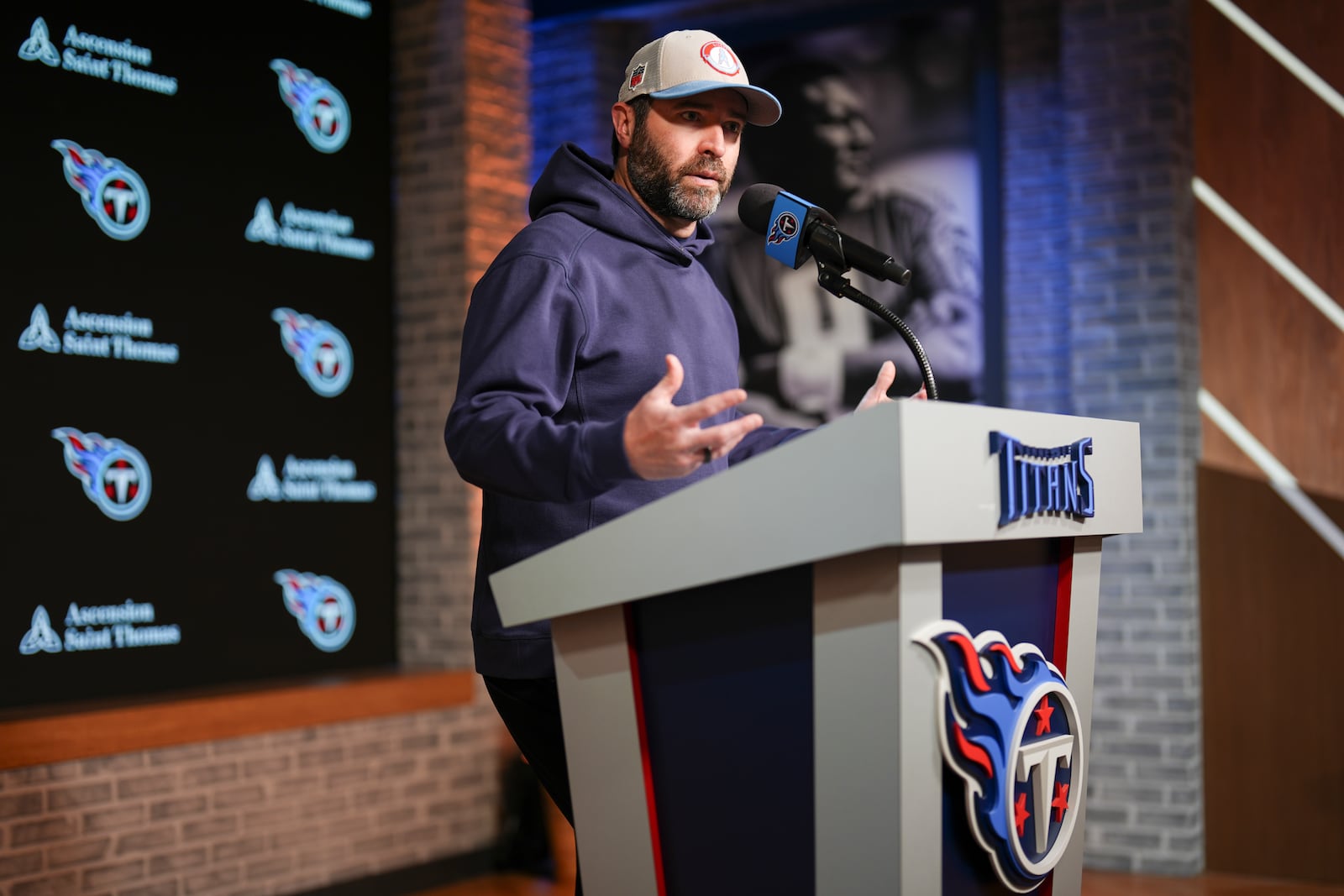 Tennessee Titans head coach Brian Callahan speaks during a news conference at the NFL football team's training facility Monday, Jan. 6, 2025, in Nashville, Tenn. (AP Photo/George Walker IV)