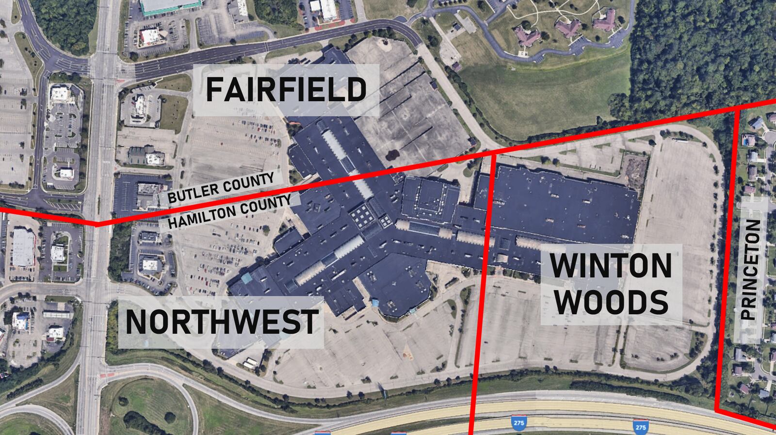 Pictured is jurisdictional breakdown by school district of the Forest Fair Village property (originally the Forest Fair Mall). Hillwood is considering purchasing the property, but is seeking buy in from Fairfield and Forest Park before seeking rezoning of the 90.5-acre property the bisects the two communities. If zoning is approved, Hillwood would seek to purchase the property and build a mixed-use development. PROVIDED/CITY OF FAIRFIELD