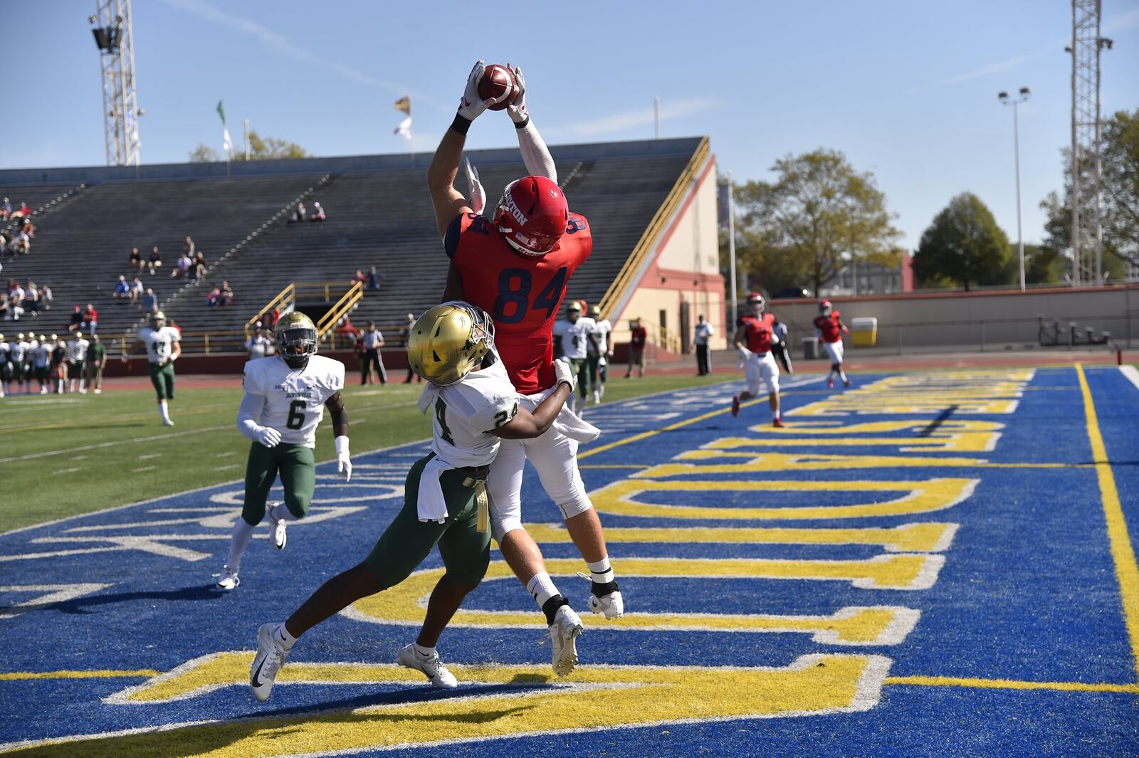 University of Dayton tight end Adam Trautman catches one of his four touchdowns in a 56-28 Flyers win over Jacksonville at Welcome Stadium in 2019. Trautman, the Flyers’ all-time leading receiver, was the rare UD football player to be drafted into the NFL, where he plays for the New Orleans Saints. Contributed photo by Erik Schelkun