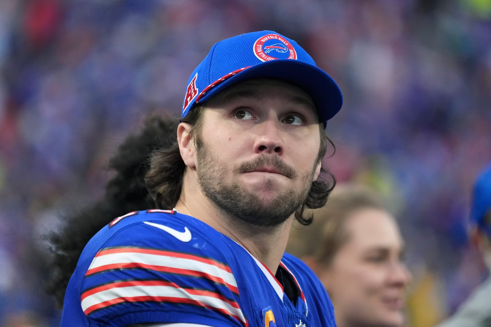 Buffalo Bills quarterback Josh Allen (17) stands on the sidelines during the second half of an NFL football game against the New York Jets, Sunday, Dec. 29, 2024, in Orchard Park, N.Y. (AP Photo/Gene J. Puskar)