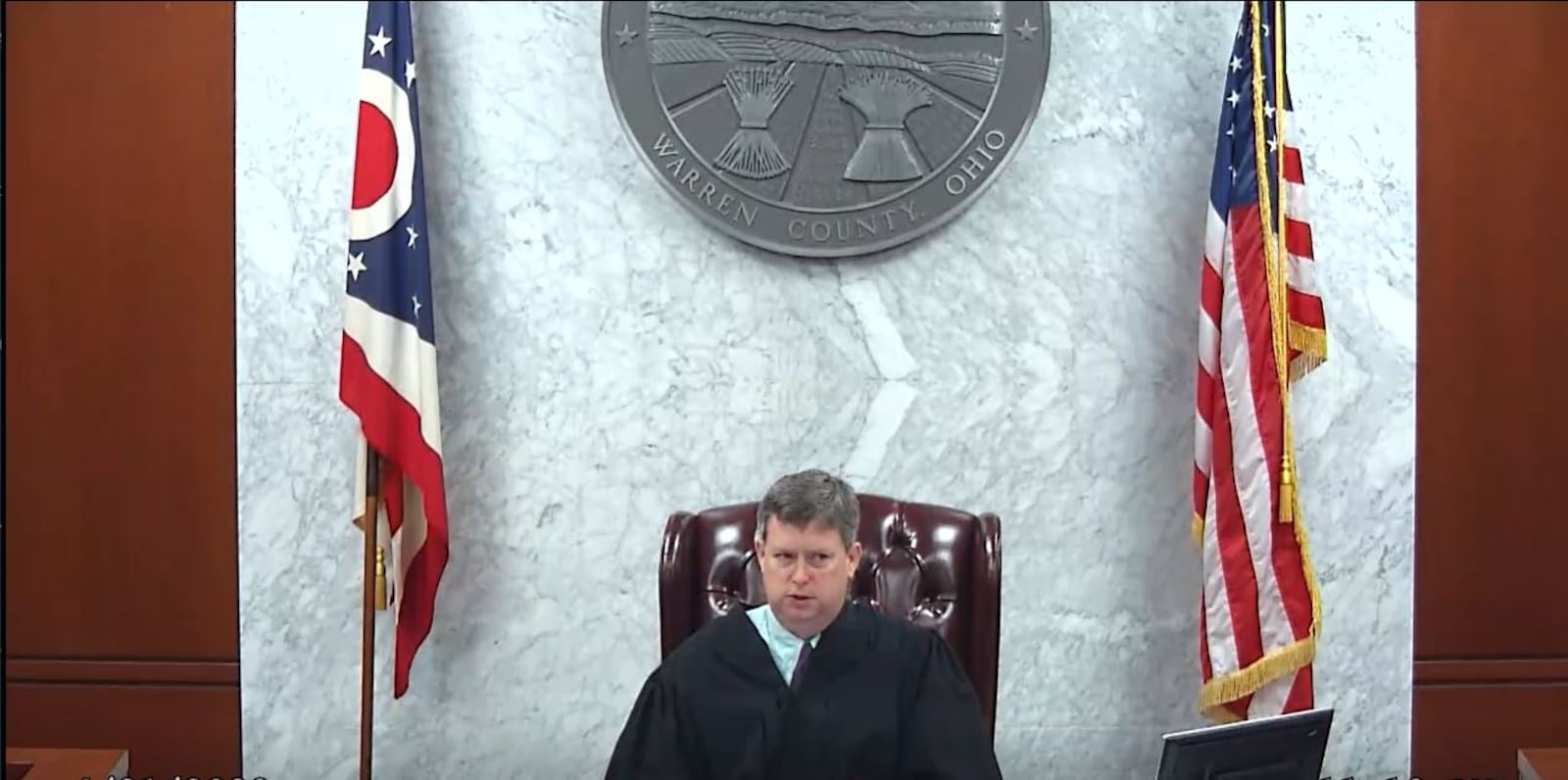 Warren County Common Pleas Judge Donald E. Oda II sentences former Springboro Schools superintendent Daniel Schroer to three years community control and court costs on Thursday, April 21, 2022. CONTRIBUTED/WARREN COUNTY COMMON PLEAS COURT