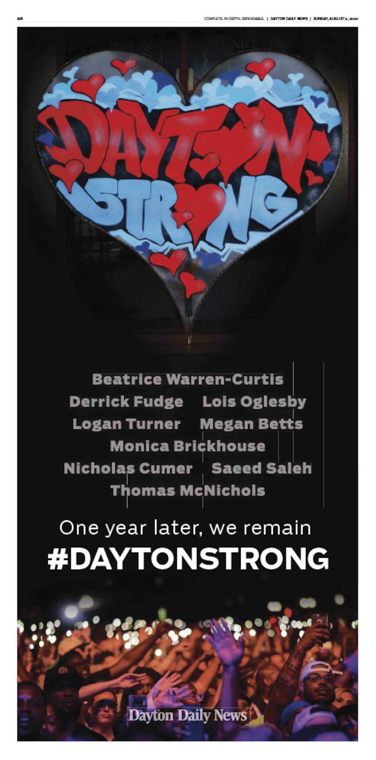 A commemorative poster appears in the Aug. 2, 2020, issue of the Dayton Daily News to honor the victims of the Aug. 4, 2019 mass shooting.