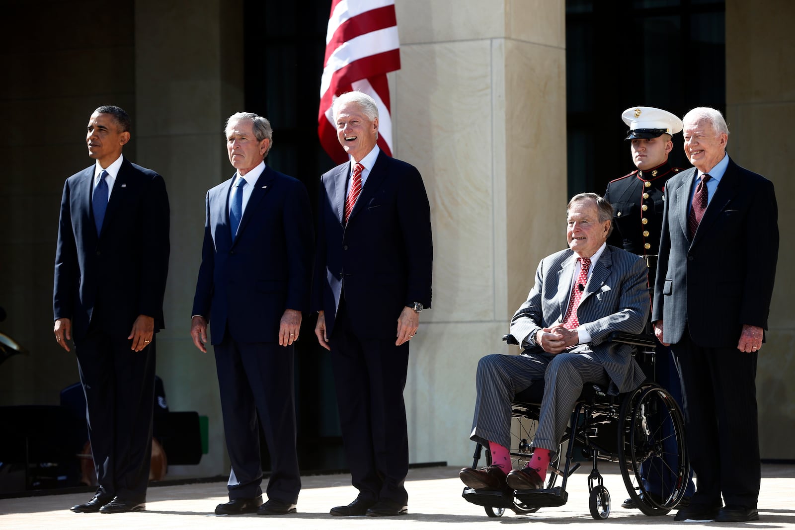 FILE - President Barack Obama, from left, stands with former Presidents George W. Bush, Bill Clinton, George H.W. Bush and Jimmy Carter at the dedication of the George W. Bush Presidential Library on the campus of Southern Methodist University in Dallas, April 25, 2013. (AP Photo/Charles Dharapak, File)