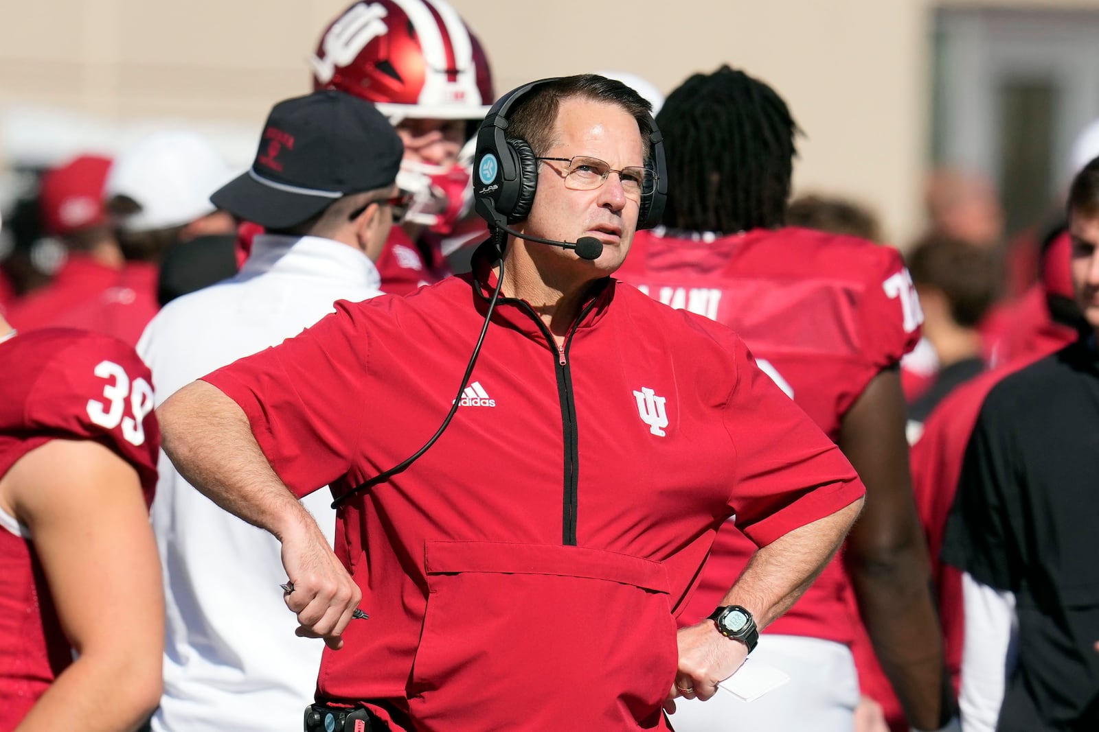 Indiana head coach Curt Cignetti watches during the first half of an NCAA college football game against the Washington, Saturday, Oct. 26, 2024, in Bloomington, Ind. (AP Photo/Darron Cummings)