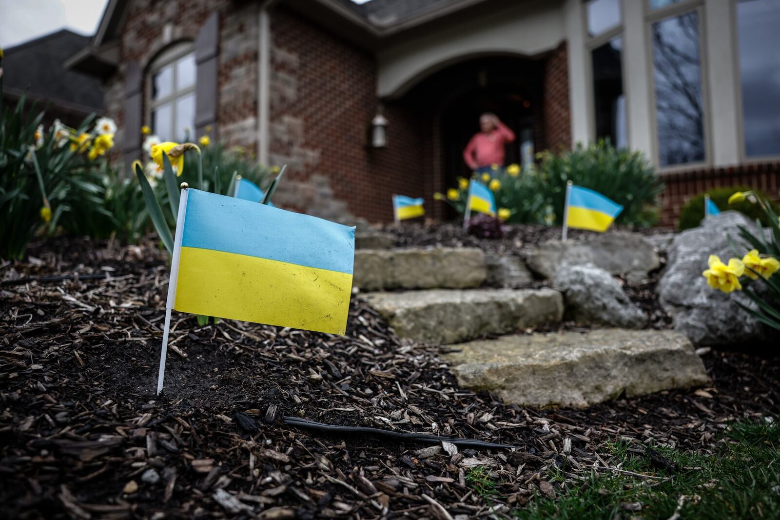 Don Urbansky's home in Beavercreek is surrounded by Ukrainian flags. Don said if he was 40 years younger, he would go to Ukraine and fight. JIM NOELKER/STAFF