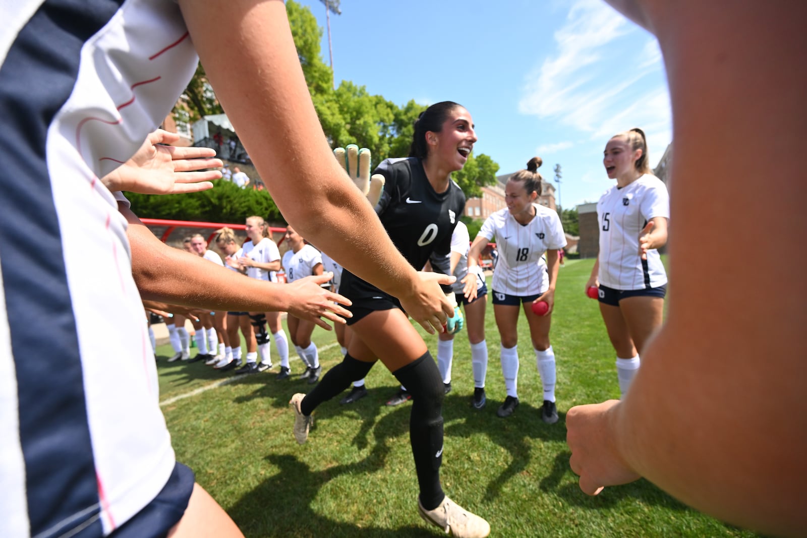 Batoul Reda is introduced as the Dayton Flyers starting goalkeeper before Sunday’s game against Illinois at Baujan Field. Erik Schelkun/CONTRIBUTED