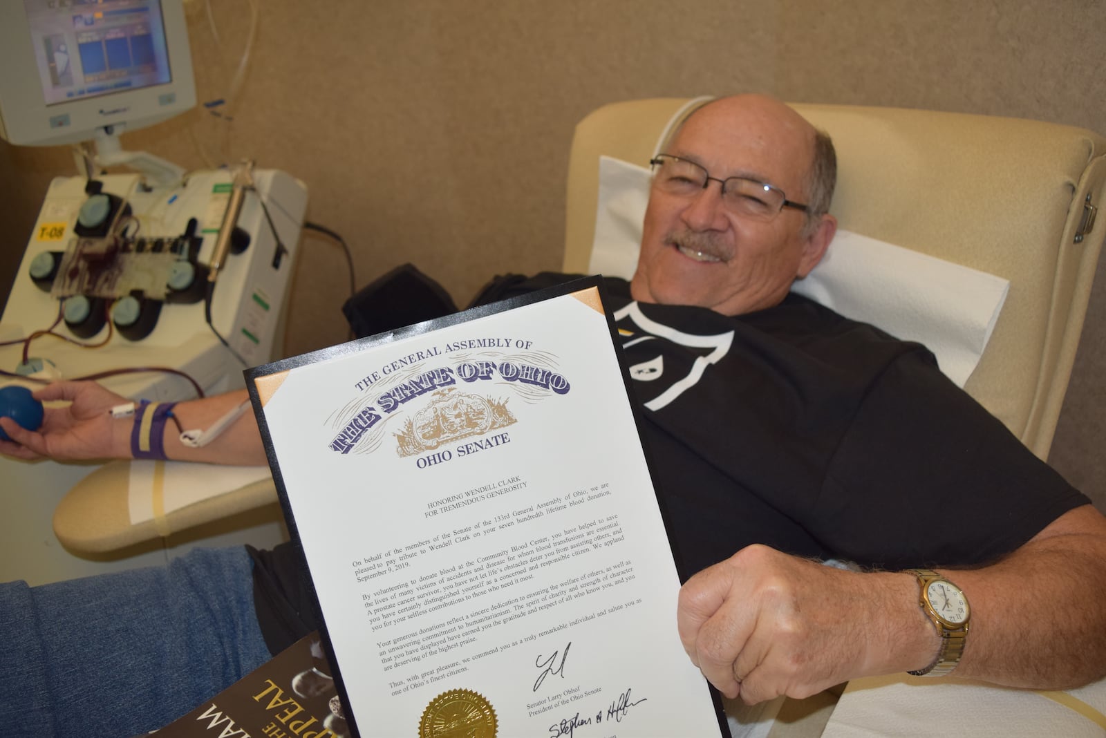 Eaton resident Wendell Clark received a commendation from the Ohio Senate for “tremendous generosity” in recognition of his milestone 700th lifetime donation to the Community Blood Center  on Oct. 21, 2019. There was a celebration for his 700th donation at the blood center in September.