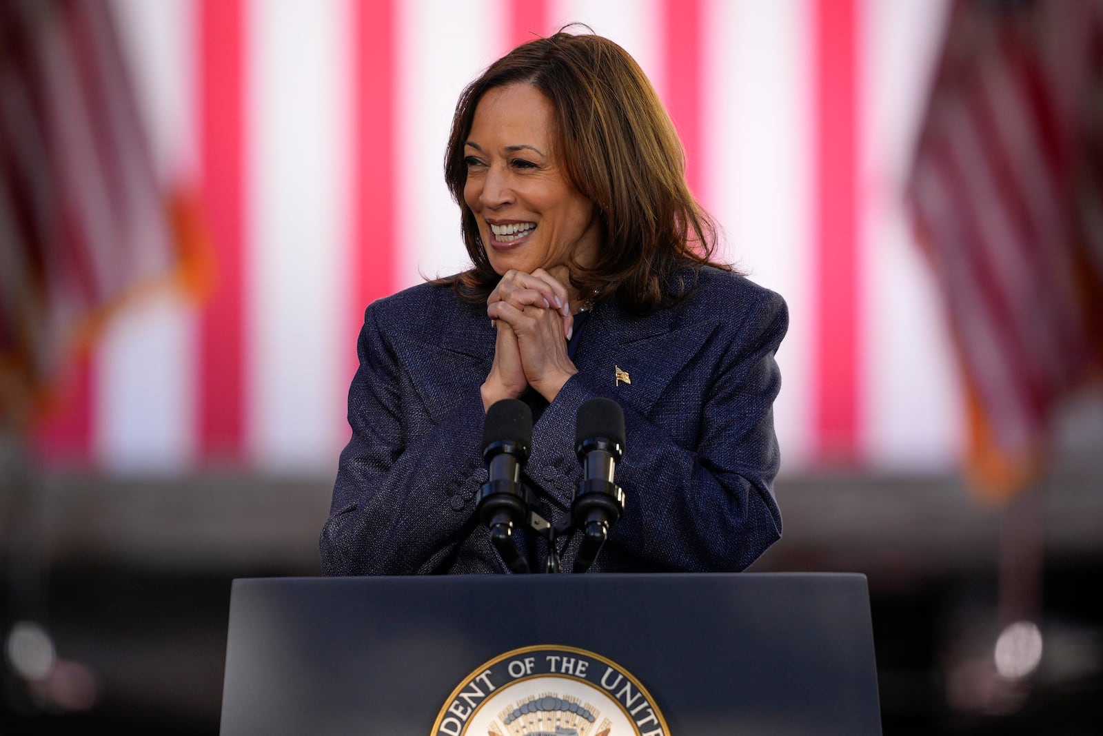 Democratic presidential nominee Vice President Kamala Harris speaks during a campaign event at Washington Crossing Historic Park, Wednesday, Oct. 16, 2024, in Washington Crossing, Pa. (AP Photo/Matt Slocum)