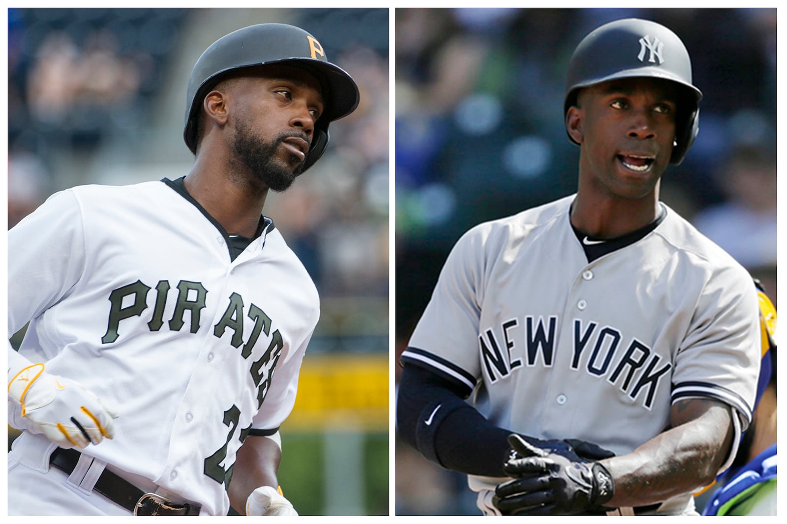 FILE - This combo of file photos shows Pittsburgh Pirates' Andrew McCutchen, left, on May 29, 2017, and as a New York Yankees player on Sept. 9, 2018. (AP Photo/File)