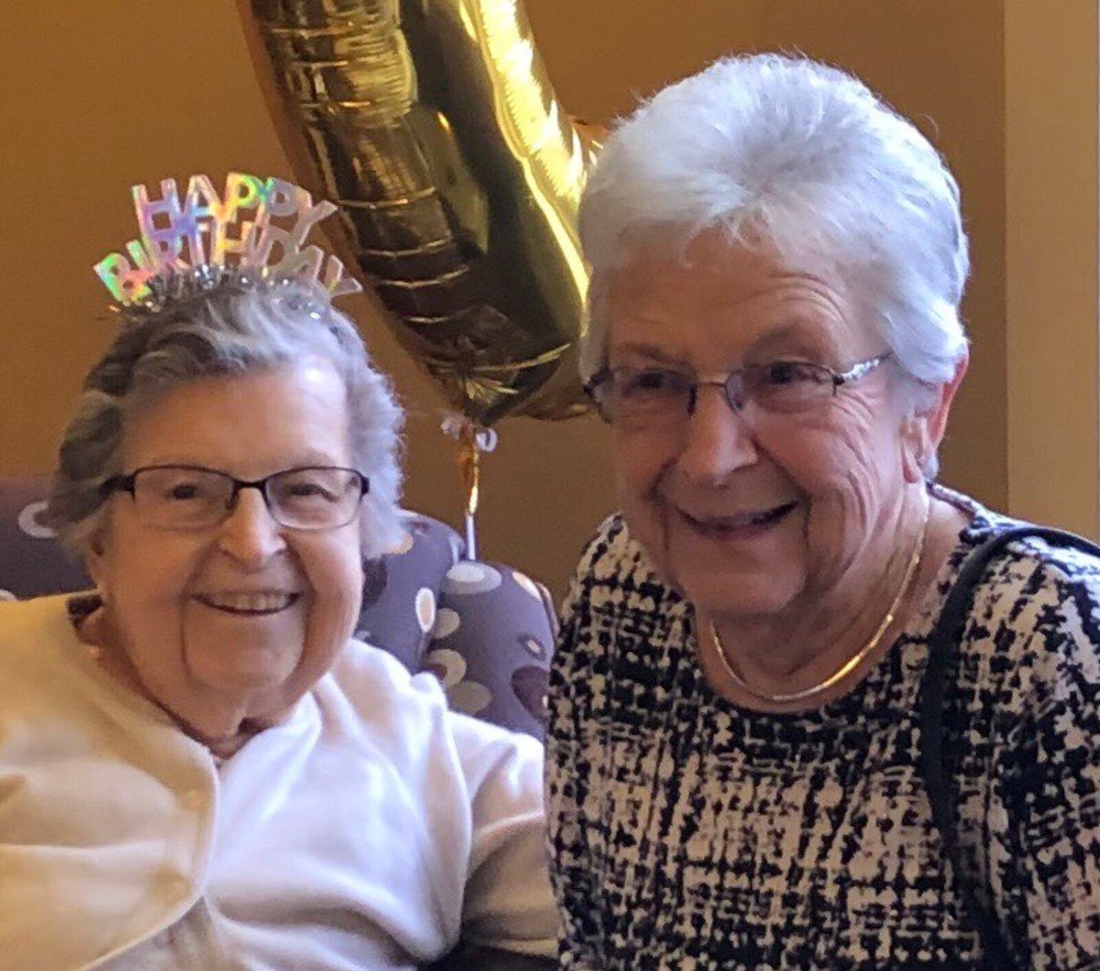 Eileen Shoemaker and her younger sister, Marlene Freund, 87, are pictured at Eileen’s 99th birthday.  Her 100th birthday was Sunday, March 15. 