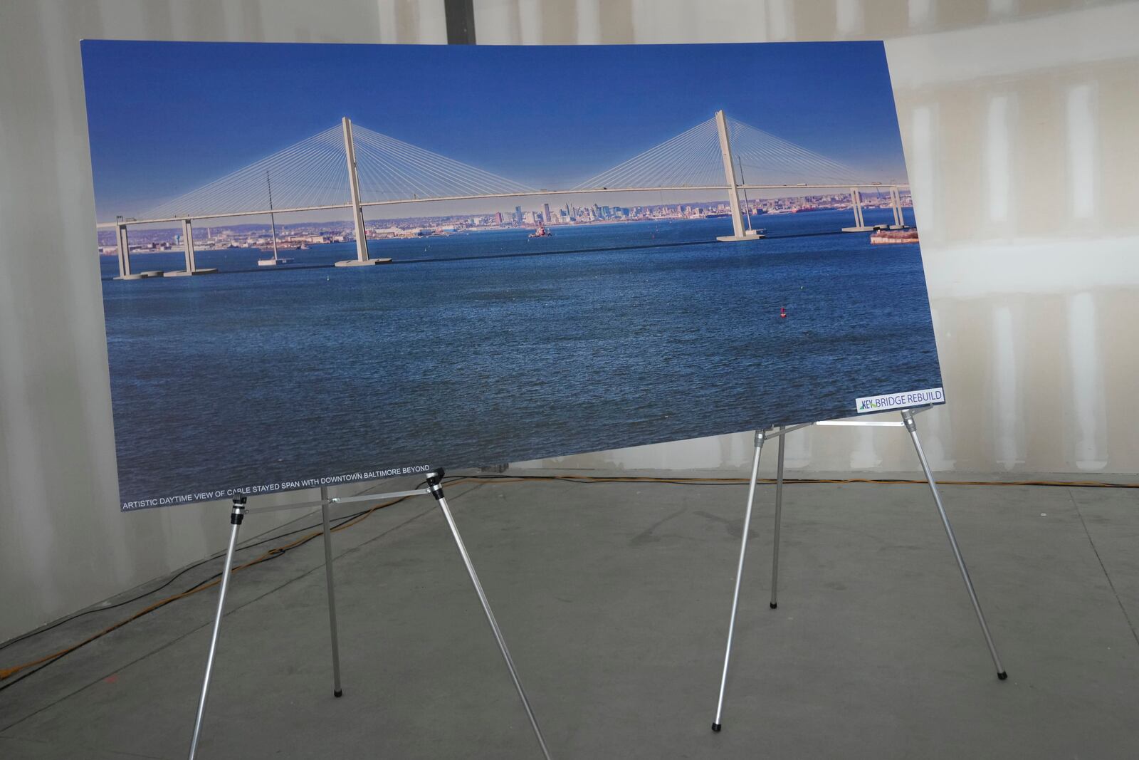 New design plans for the Francis Scott Key Bridge are unveiled during a news conference with Maryland Gov. Wes Moore in Edgemere, Md., on Tuesday, Feb. 4, 2025. (Ulysses Muñoz/The Baltimore Banner via AP)