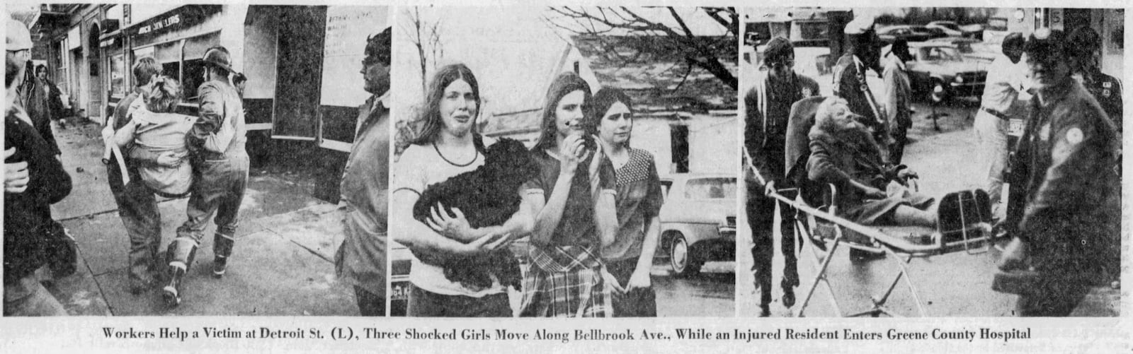 Workers help victims at Detroit St. Three shocked girls along Bellbrook Ave. Injured residents enter Greene County Hospital. DAYTON DAILY NEWS ARCHIVES