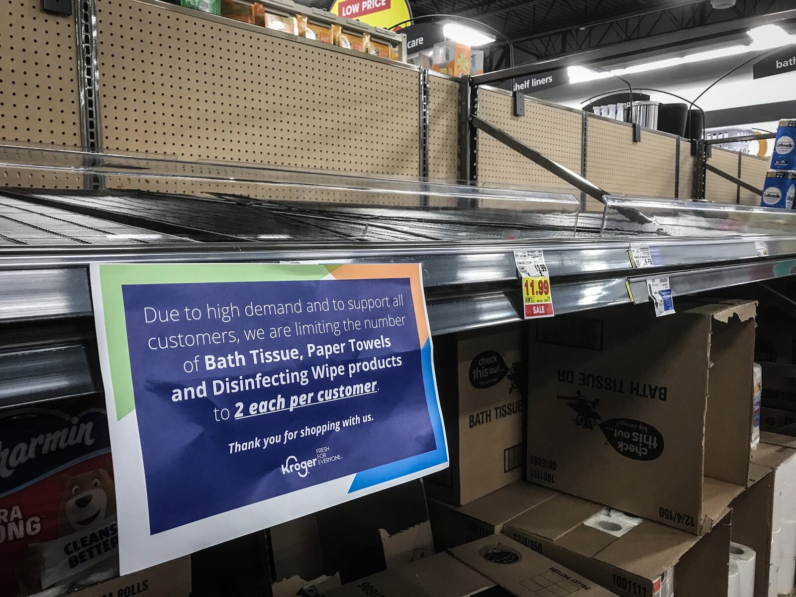 It was slim pickings for the paper products at the Kroger at Springboro Pike and West Alex-Bell Rd. this week as residents worried about coronavirus restrictions. JIM NOELKER/STAFF