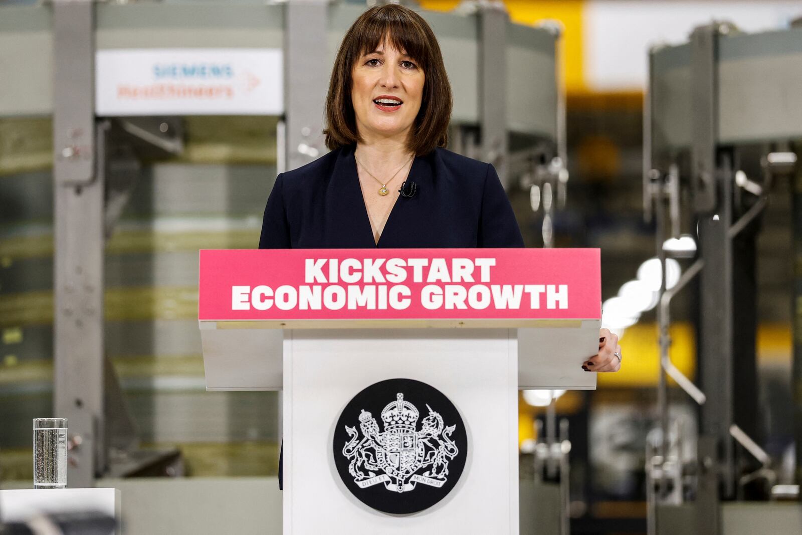 Britain's Chancellor of the Exchequer Rachel Reeves speaks about her plans for Britain's economy in Eynsham, England, Wednesday Jan. 29, 2025. (Peter Cziborra/Pool Photo via AP)