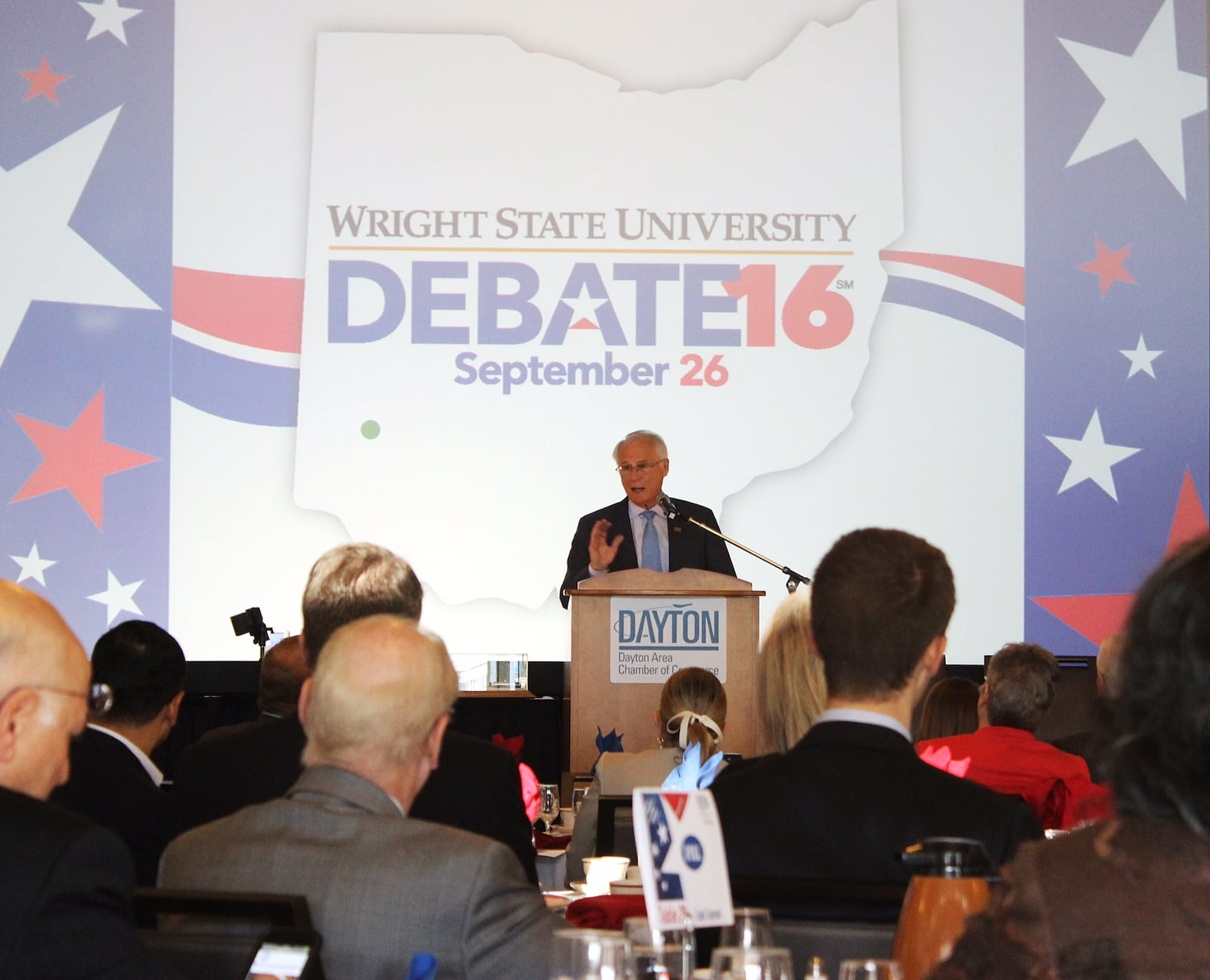 At a kickoff event in April, Wright State University President David Hopkins told Dayton Area Chamber of Commerce members that hosting the first presidential debate in September is an opportunity for Dayton to tell its story to the world. DARIN POPE/STAFF