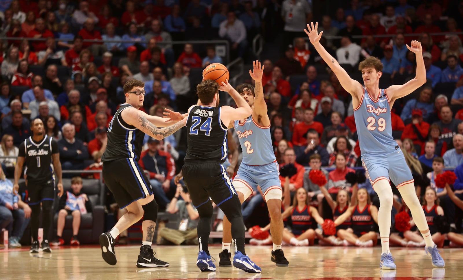 Gibson Jimerson, of Saint Louis, shoots in the first half against Dayton on Tuesday, March 4, 2025, at UD Arena. David Jablonski/Staff