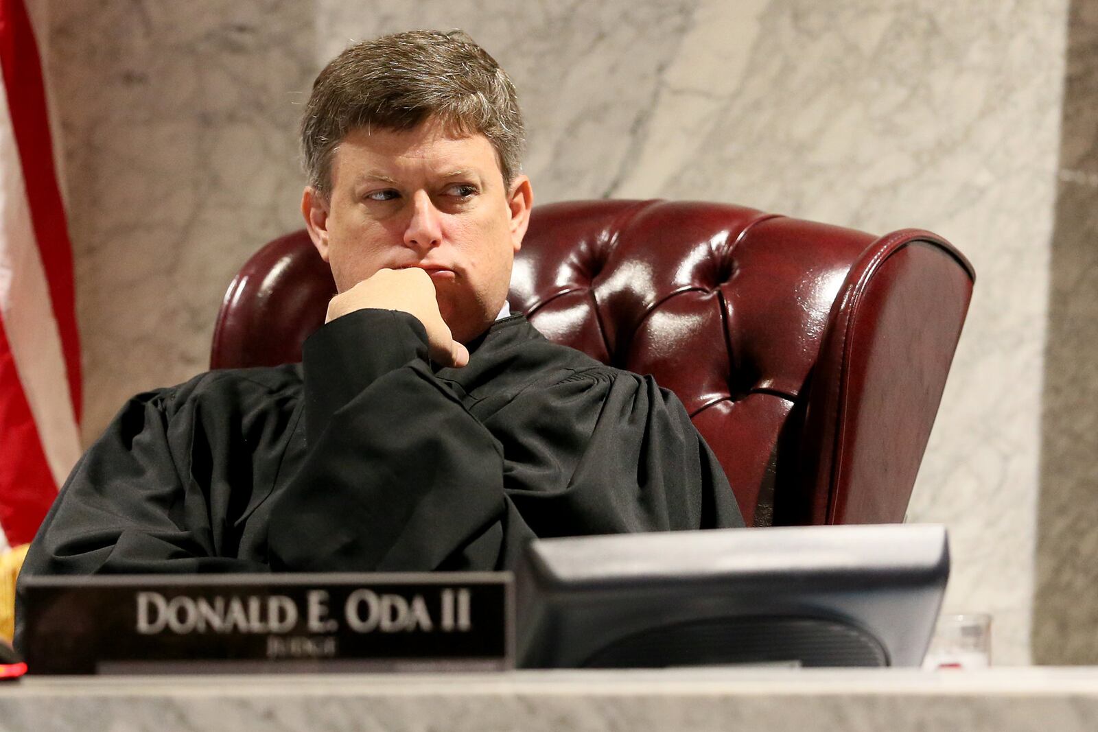 Warren County Common Pleas Judge Donald Oda II observes proceedings, Thursday, Sept. 5, 2019, in Warren County Judge Donald Oda's II courtroom at Warren County Common Pleas Court in Lebanon, Ohio. Brooke "Skylar" Richardson, 20, is accused of killing and burying her baby in the backyard of her Carlisle home. Richardson is charged with aggravated murder, involuntary manslaughter, gross abuse of a corpse, tampering with evidence and child endangerment in the death of her newborn infant. She faces the possibility of life in prison. Kareem Elgazzar/The Enquirer/POOL