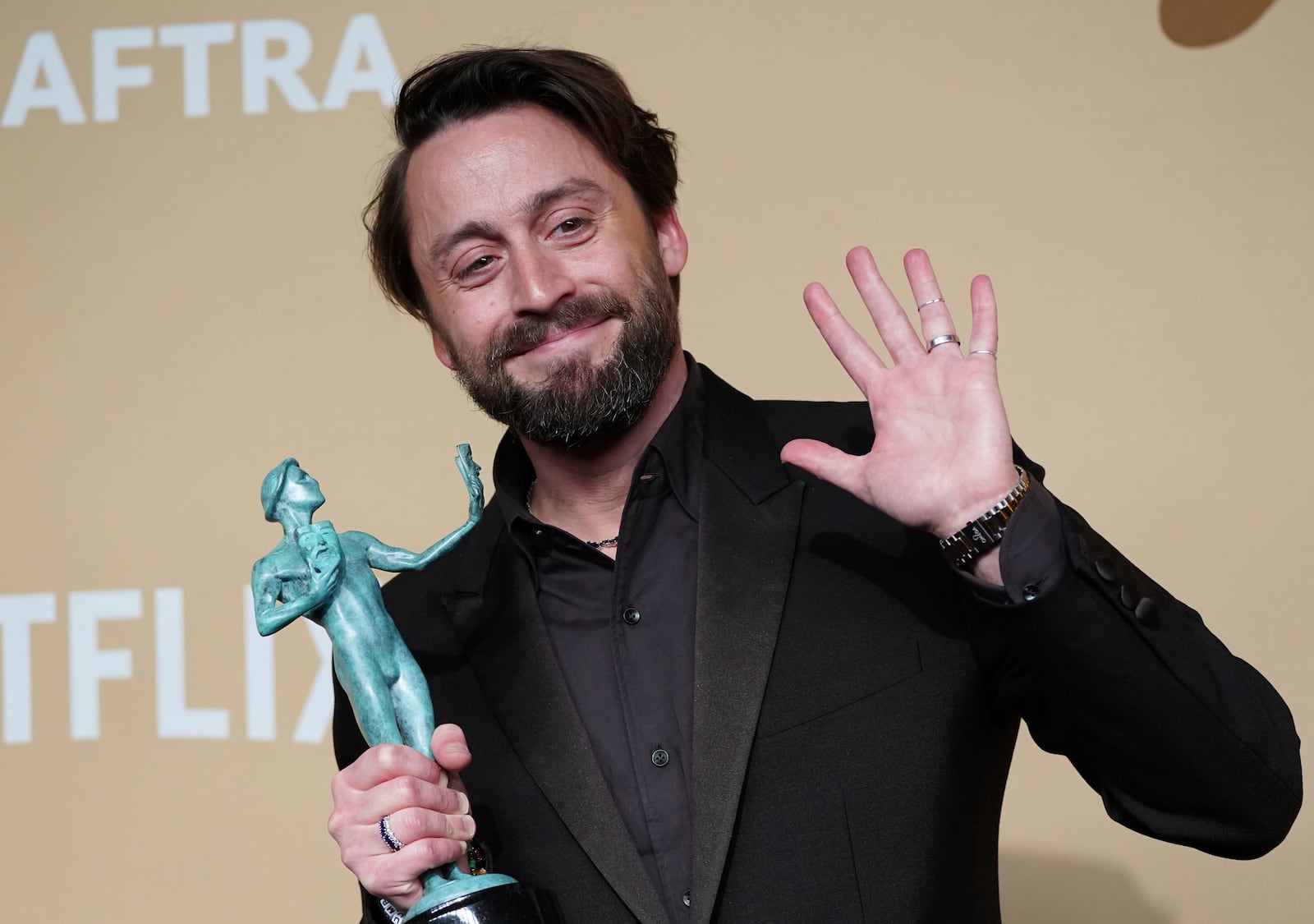 Kieran Culkin poses in the press room with the award for outstanding performance by a male actor in a supporting role for "A Real Pain" during the 31st annual Screen Actors Guild Awards on Sunday, Feb. 23, 2025, at the Shrine Auditorium in Los Angeles. (Photo by Jordan Strauss/Invision/AP)