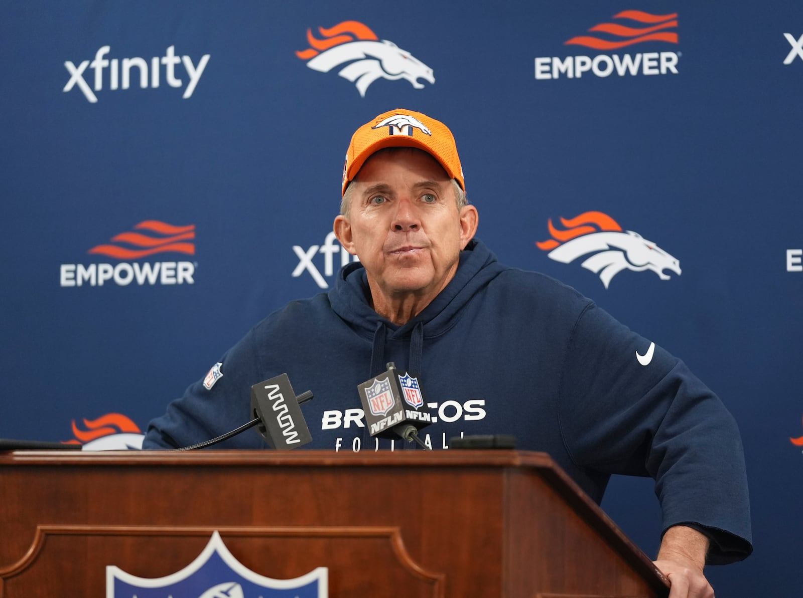 Denver Broncos head coach Sean Payton considers a question during a news conference after losing to the Baltimore Ravens in an NFL football game Sunday, Nov. 3, 2024, in Baltimore. (AP Photo/Stephanie Scarbrough)