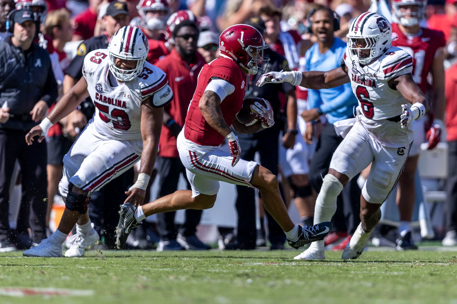 Alabama defensive back Domani Jackson (1) runs out the clock as he returns interception on the game's final play in the second half of an NCAA college football game against South Carolina, Saturday, Oct. 12, 2024, in Tuscaloosa, Ala. (AP Photo/Vasha Hunt)