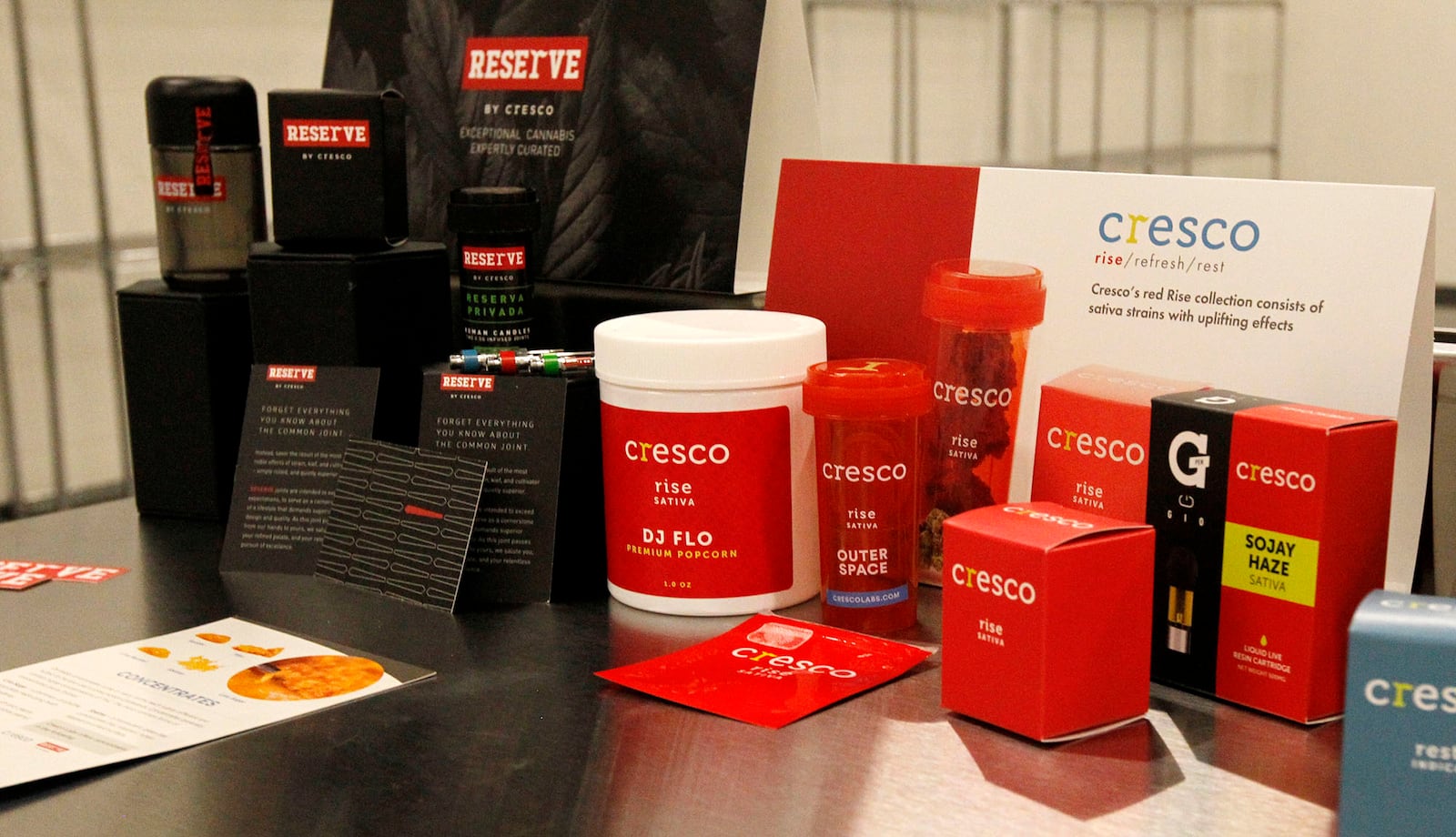 Medical marijuana cultivator Cresco Labs, hosted a ribbon cutting at its Yellow Springs facility on Monday to mark the first cultivation of plants.  Sample packaging for Cresco's medical marijuana products.  TY GREENLEES / STAFF