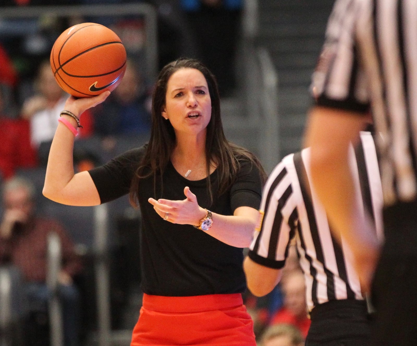 Dayton’s Shauna Green talks to an official during a game against Duquesne on Wednesday, Jan. 31, 2018, at UD Arena. David Jablonski/Staff