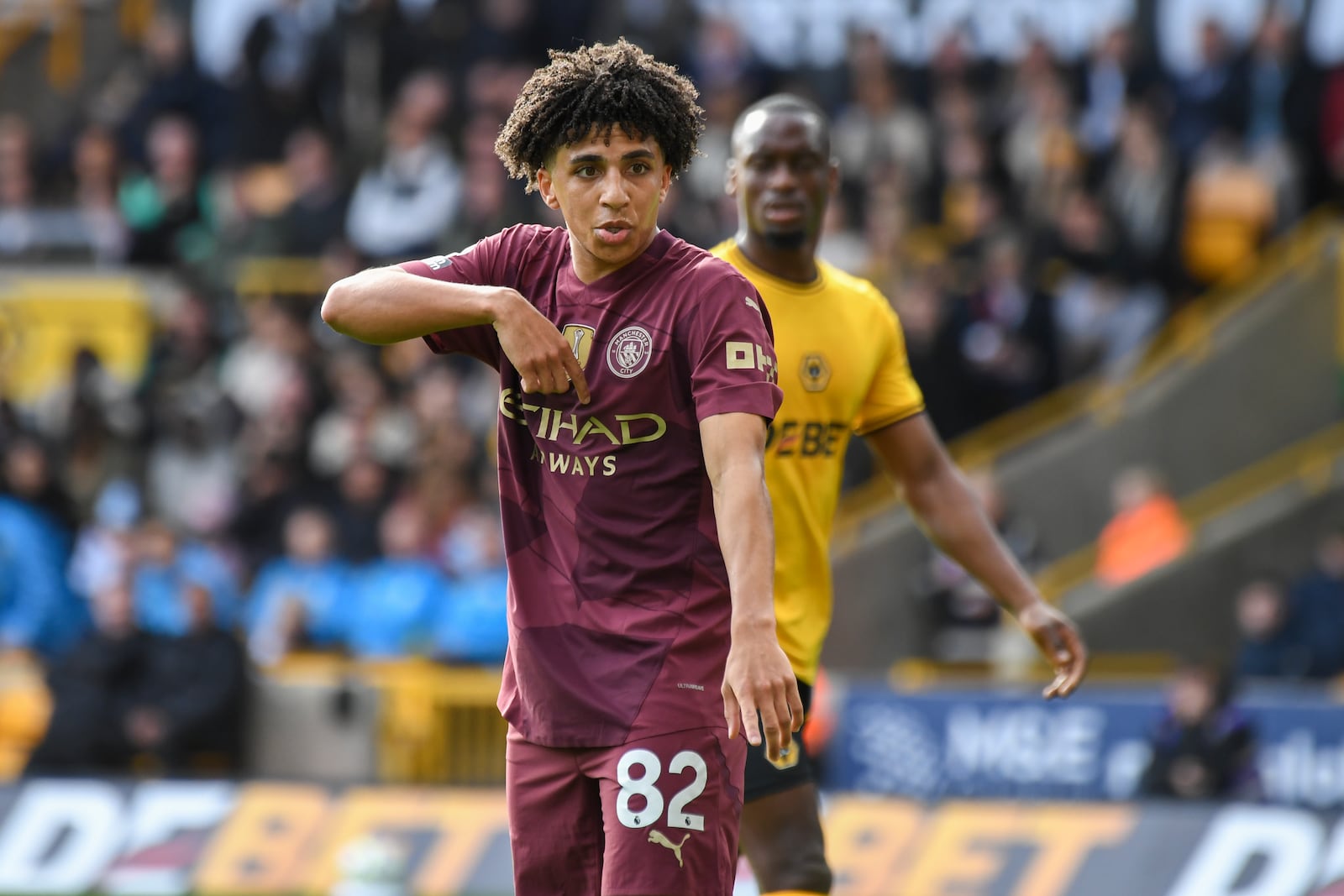 Manchester City's Rico Lewis gestures during the English Premier League soccer match between Wolverhampton Wanderers and Manchester City at the Molineux Stadium in Wolverhampton, England, Sunday, Oct. 20, 2024. (AP Photo/Rui Vieira)