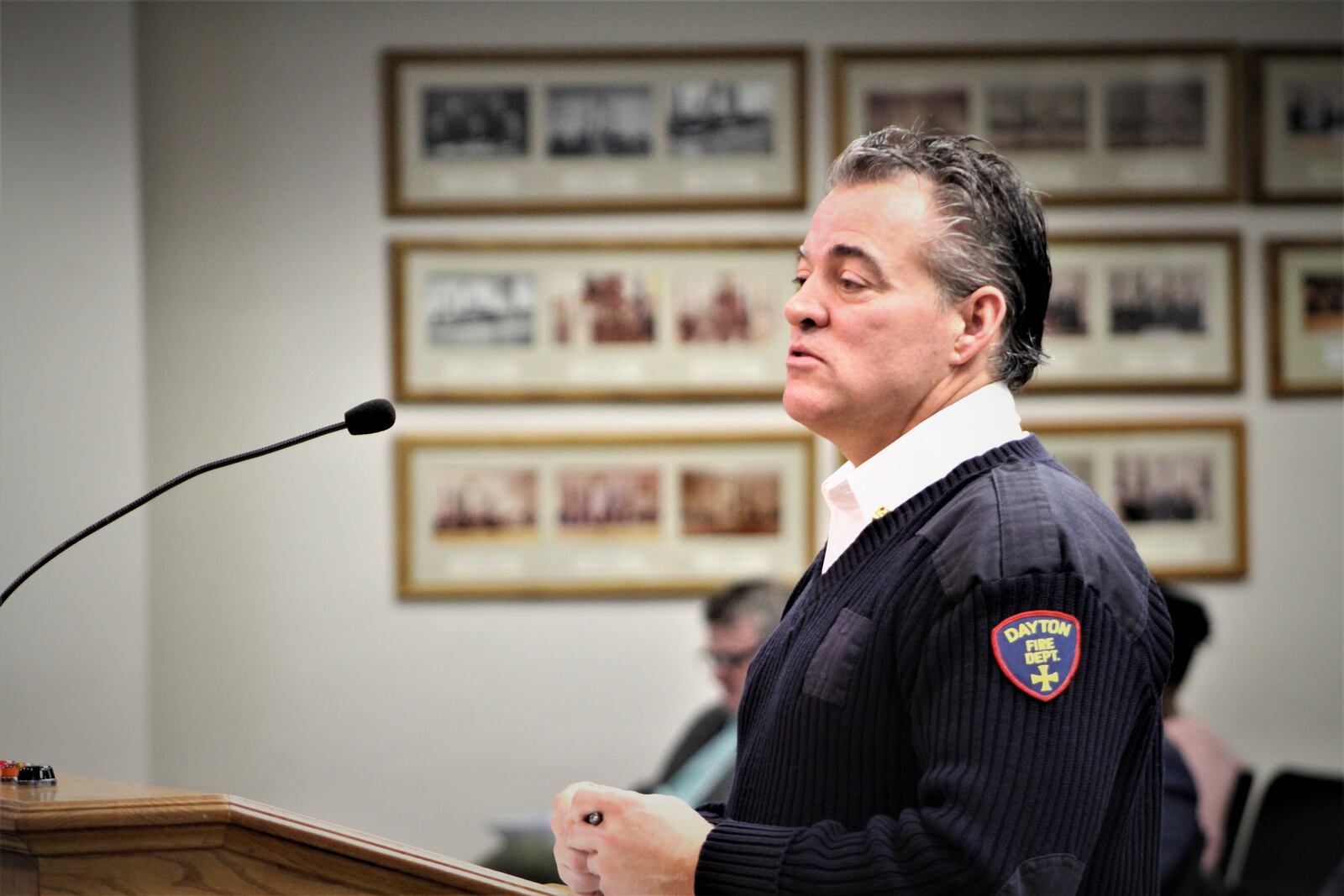 Dayton fire Chief Jeff Lykins speaks at a Dayton City Commission meeting on Wednesday, Jan. 25, 2023. CORNELIUS FROLIK / STAFF