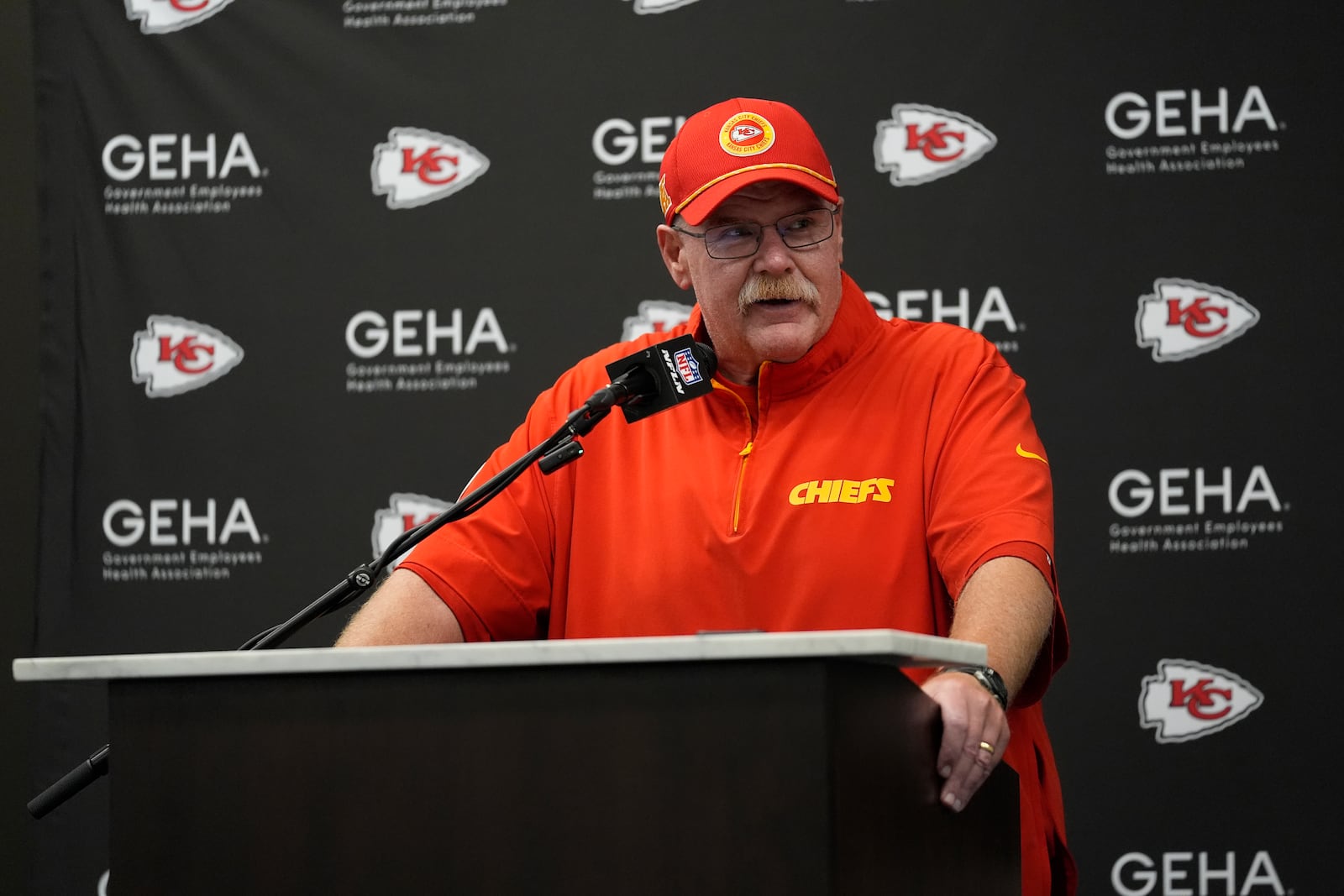 Kansas City Chiefs head coach Andy Reid speaks during a news conference following an NFL football game against the Los Angeles Chargers Sunday, Sept. 29, 2024, in Inglewood, Calif. The Chiefs won 17-10. (AP Photo/Ashley Landis)