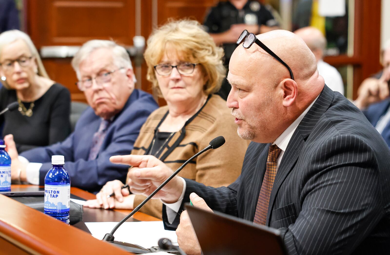 Hamilton city council member Joel Lauer voices his concerns during a special Hamilton city council meeting to discuss the Miami Conservancy District assessment increase staff Thursday, April 18, 2024 in Hamilton. NICK GRAHAM/STAFF