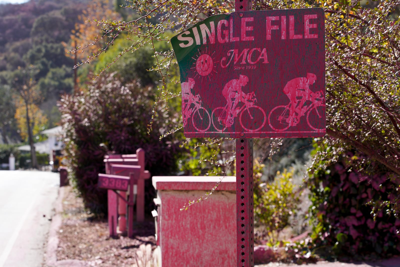 Retardant covers a sign after crews battled the Palisades Fire in Mandeville Canyon Monday, Jan. 13, 2025, in Los Angeles. (AP Photo/Richard Vogel)