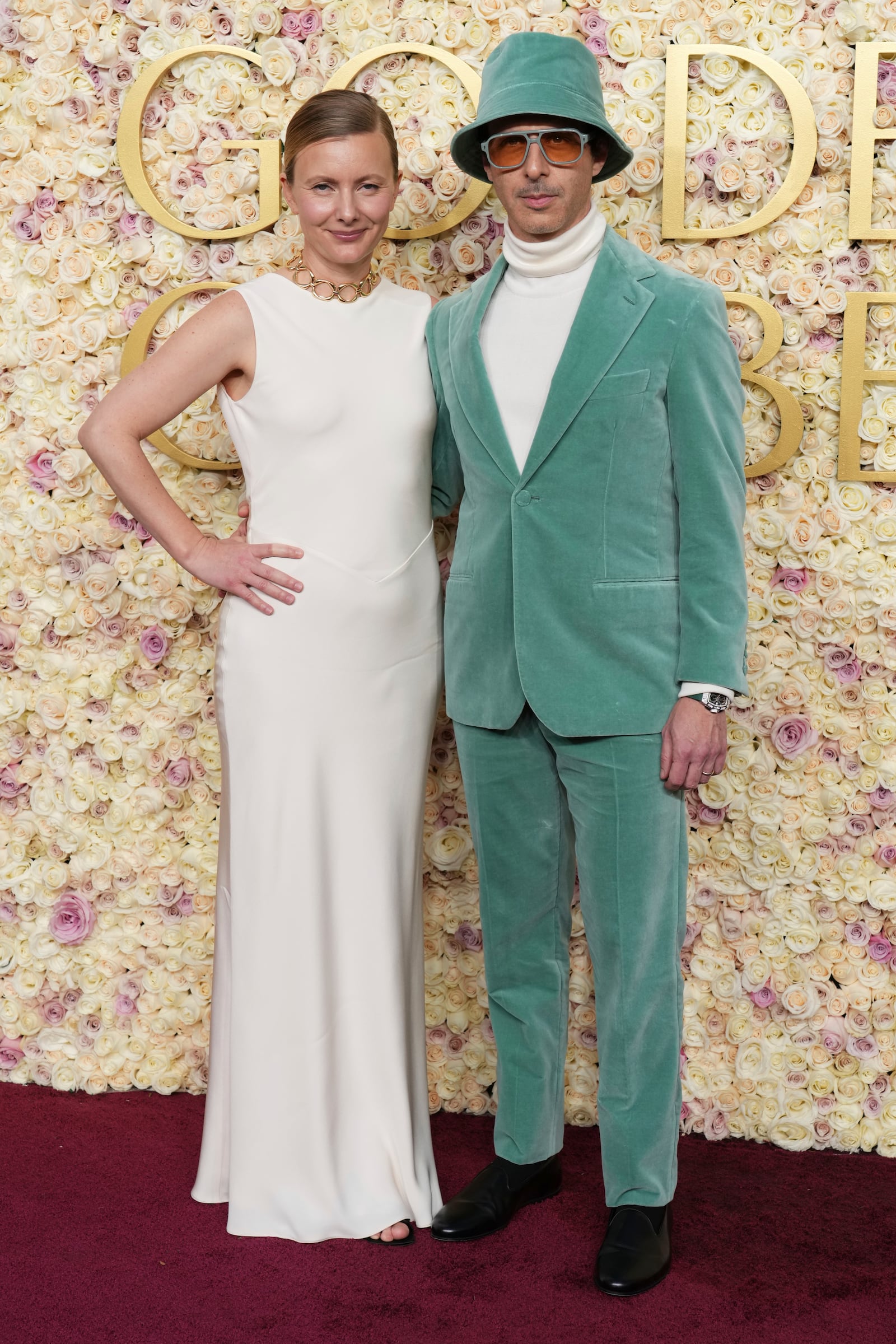 Emma Wall, left, and Jeremy Strong arrive at the 82nd Golden Globes on Sunday, Jan. 5, 2025, at the Beverly Hilton in Beverly Hills, Calif. (Photo by Jordan Strauss/Invision/AP)