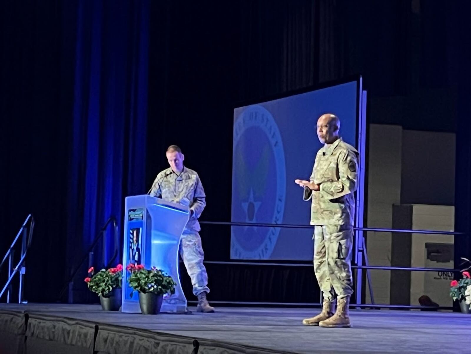 Lt Gen. Shaun Morris, left, commander of Air Force Life Cycle Management Center, with Gen. C.Q. Brown Jr., Air Force chief of staff, at the Dayton Convention Center Monday. THOMAS GNAU/STAFF