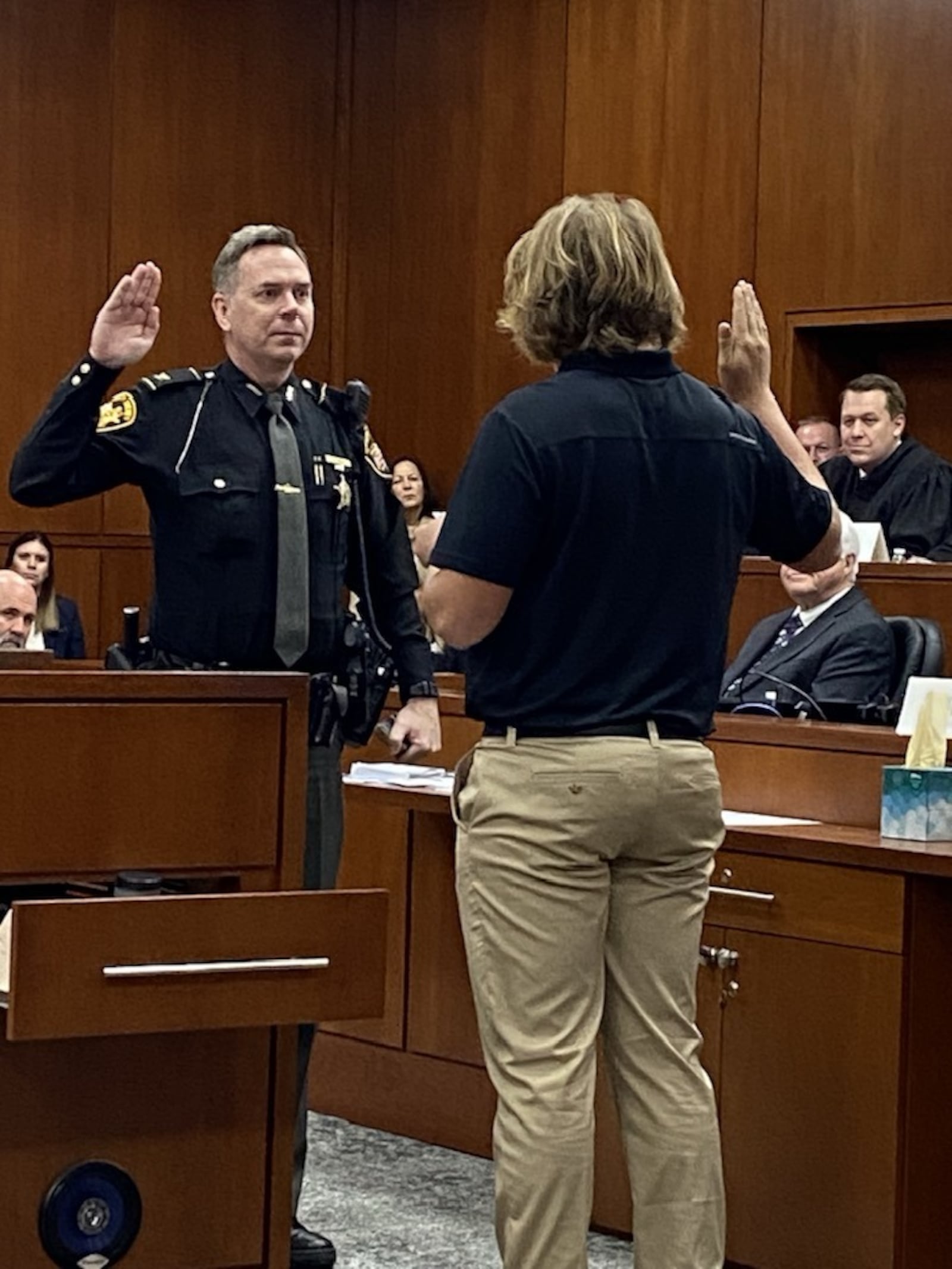 Warren County Sheriff Barry Riley was sworn in Dec. 17, 2024, by Jackson Dulle, son of Sgt. Brian Dulle who was killed in the line of duty in 2011. CONTRIBUTED