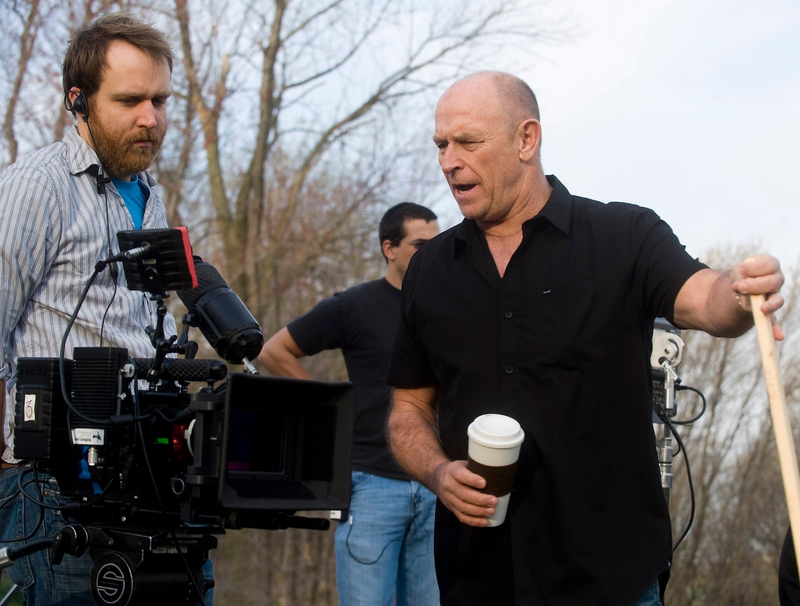 FILE - Actor-director Corbin Bernsen, right, sets a camera position with director of photography T.J. Hellmuth, as they begin filming "25 Hill" a movie about the All-American Soap Box Derby, at Deerby Downs, the real All-American Soap Box Derby location in Akron, Ohio, April 7, 2010. (AP Photo/Phil Long, File)