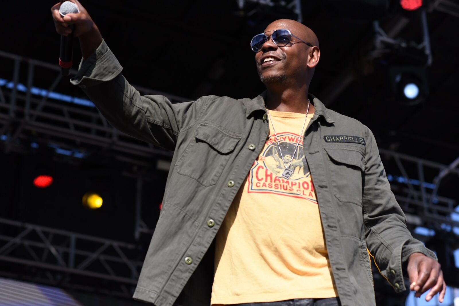 Dave Chappelle addresses the audience at Gem City Shine on Aug. 25, 2019, in the Oregon District. TOM GILLIAM/CONTRIBUTED